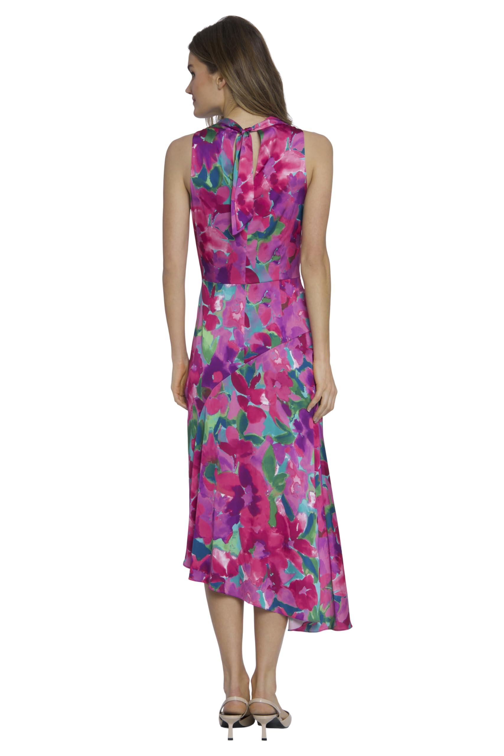 Elegant High Neck Halter Asymmetrical Fit and Flare Midi Dress for Women | Wedding Guest Dress | Cocktail Party & Formal Occasion Wear
