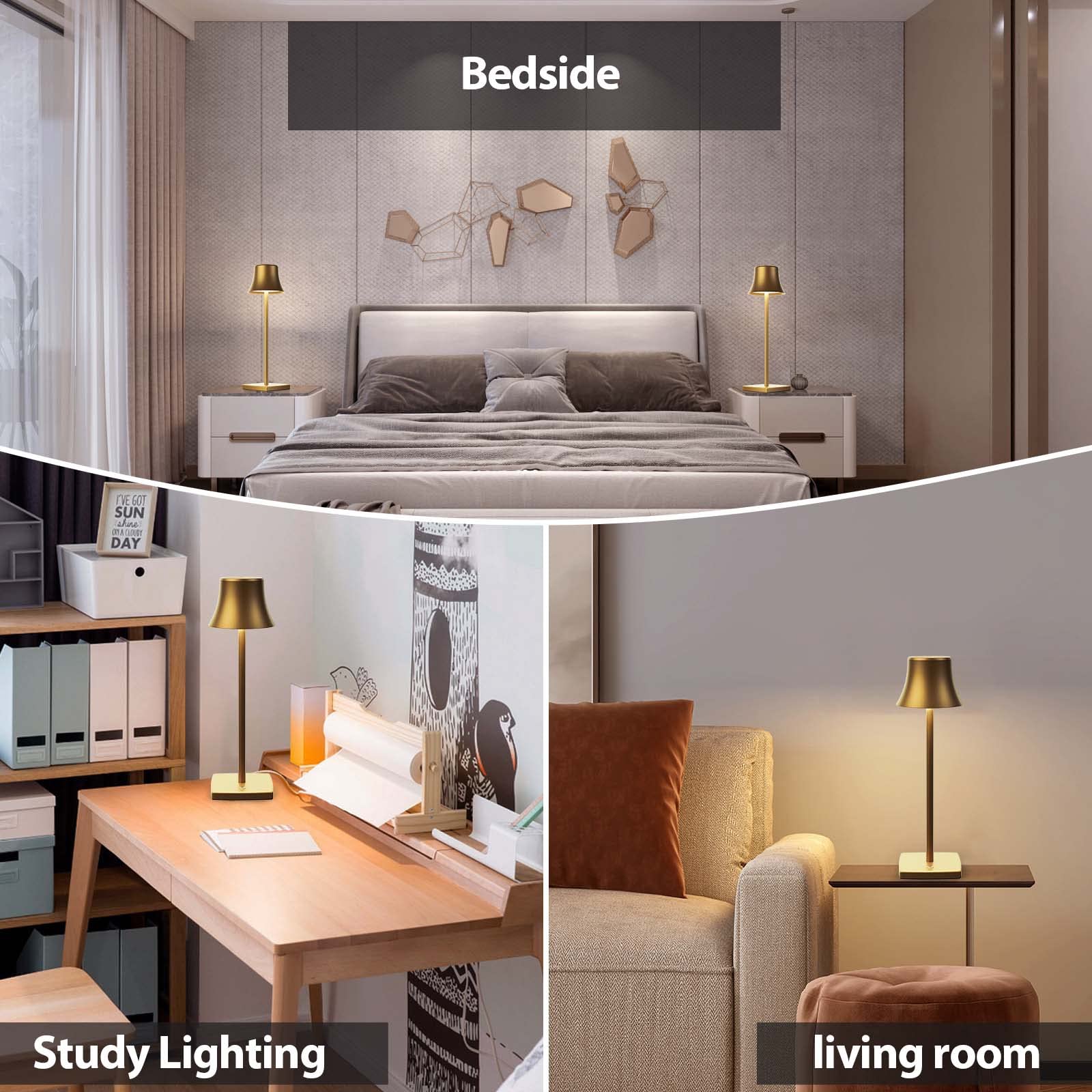 Rechargeable LED Desk Lamp with 3 Brightness Levels - Cordless Battery Powered Table Light for Reading, Study, Office & Dining - Portable for Outdoor, Patio & Restaurant Use - Set of 2 Bronze Lamps