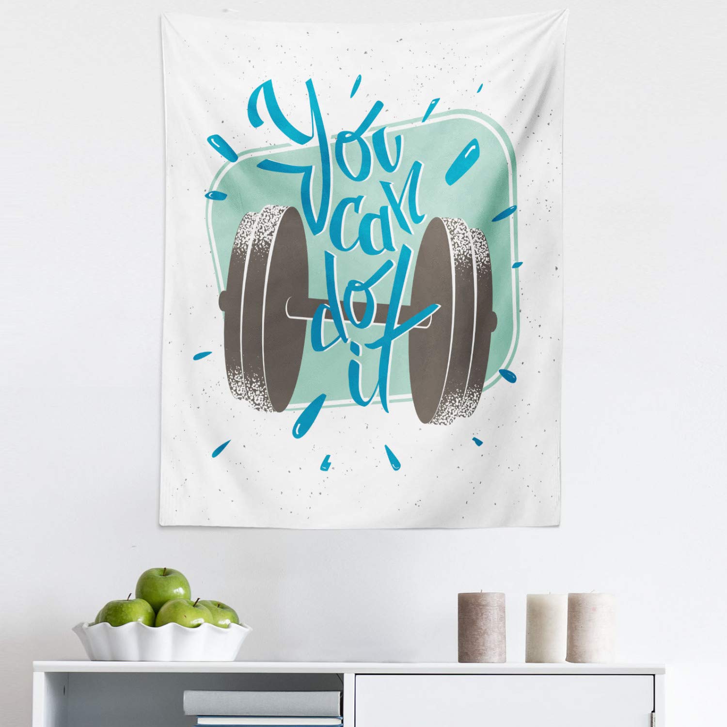 Ambesonne Fitness Tapestry - Vintage Dumbbell Design with Motivational 'You Can Do It' Quote - 23x28 Inch Fabric Wall Art for Gym, Bedroom & Dorm Decor - Grey Almond Green Blue - Perfect for Home Workout Spaces & Fitness Inspiration