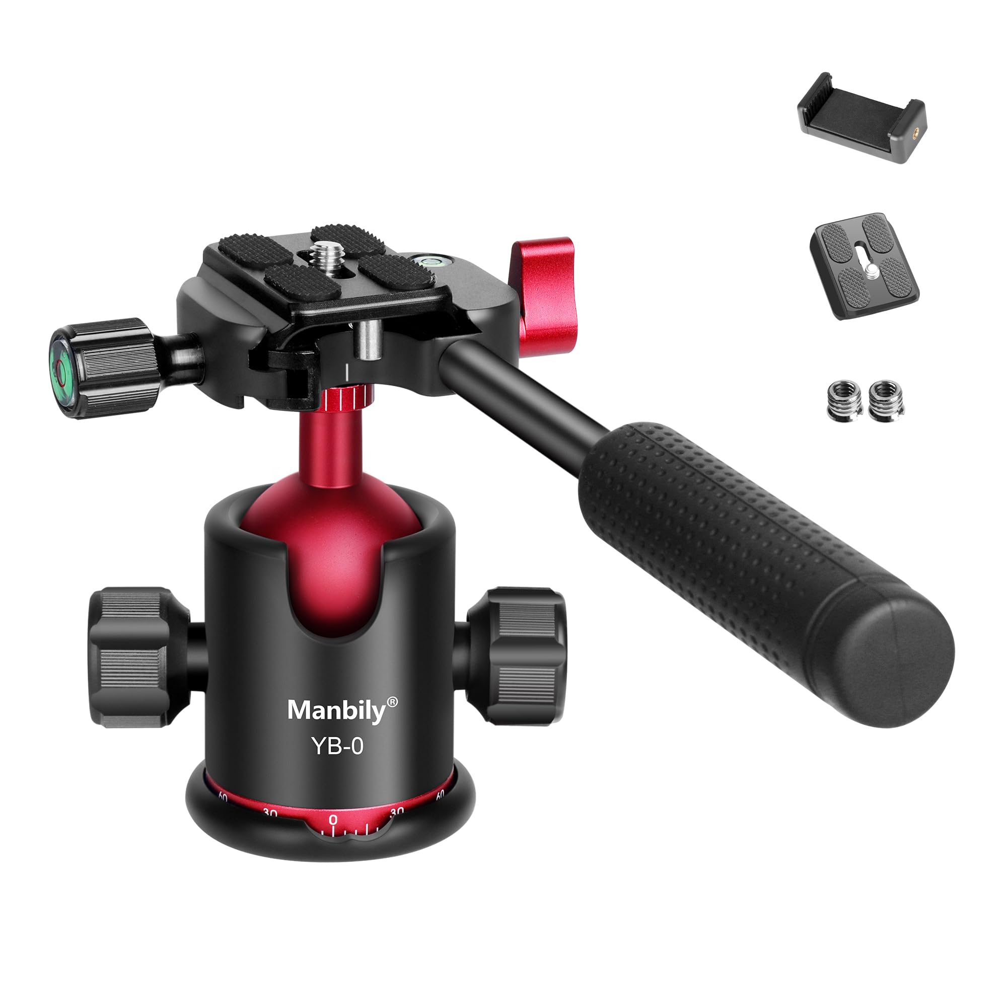 Manbily 36mm Aluminum Ball Head with Handle for Tripod & Monopod - 360° Panoramic Photography Head with Arca Swiss Quick Release Plate (2 Plates Included) - Compatible with DSLR, Camera, Phone & Camcorder - Perfect for Landscape, Portrait & Action Photography