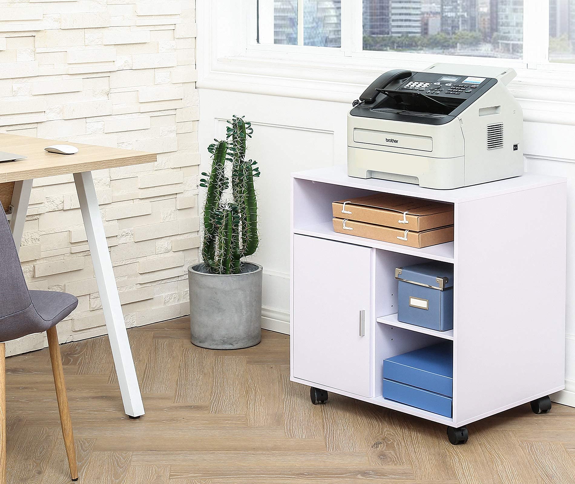 FITUEYES White Wooden Printer Cabinet with Door - Adjustable Shelves Mobile Printer Stand on Wheels for Home Office - Storage for File Folders, Ink Cartridges & Office Supplies (PS406005WW) | Perfect for Small Spaces & Organized Workspaces