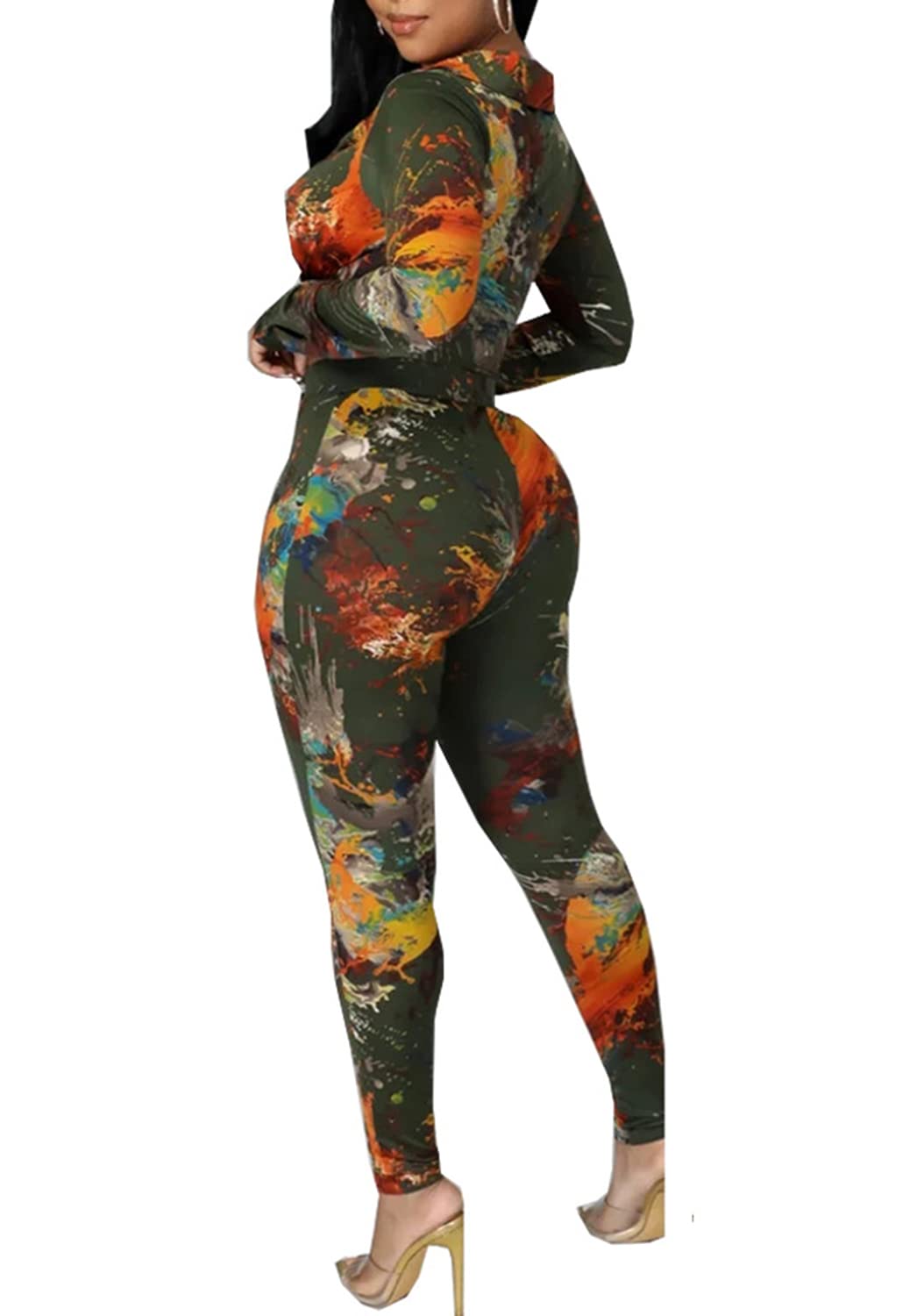 2-Piece Women's Sexy Bodycon Long Sleeve Shirt & Pants Set Floral Print Jumpsuit Outfit - Perfect for Date Night, Club Wear and Fashion Street Style