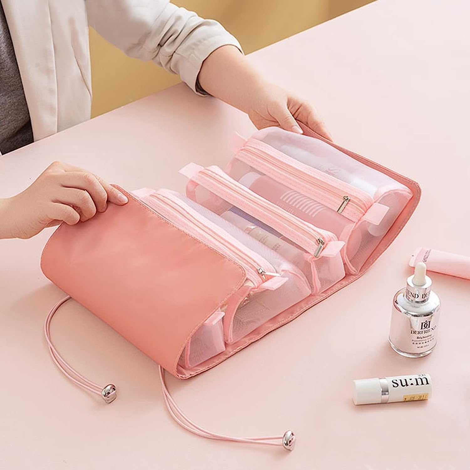 Foldable 4-in-1 Cosmetic & Jewelry Storage Pouch - Detachable Hanging Toiletry Organizer for Women | Travel Bathroom Accessories | Perfect for Makeup, Jewelry & Travel Essentials (1pc)