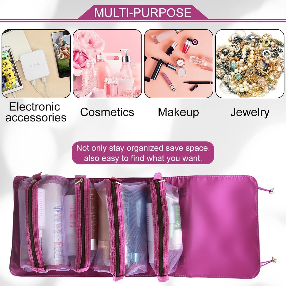 Glowick Foldable Hanging Toiletry Bag - Waterproof Cosmetic & Jewelry Storage Organizer for Travel, Bathroom, Makeup Accessories - Portable 4-in-1 Pouch for Women & Men (1pc) - Perfect for Camping, Gym, Beach Trips & Daily Use