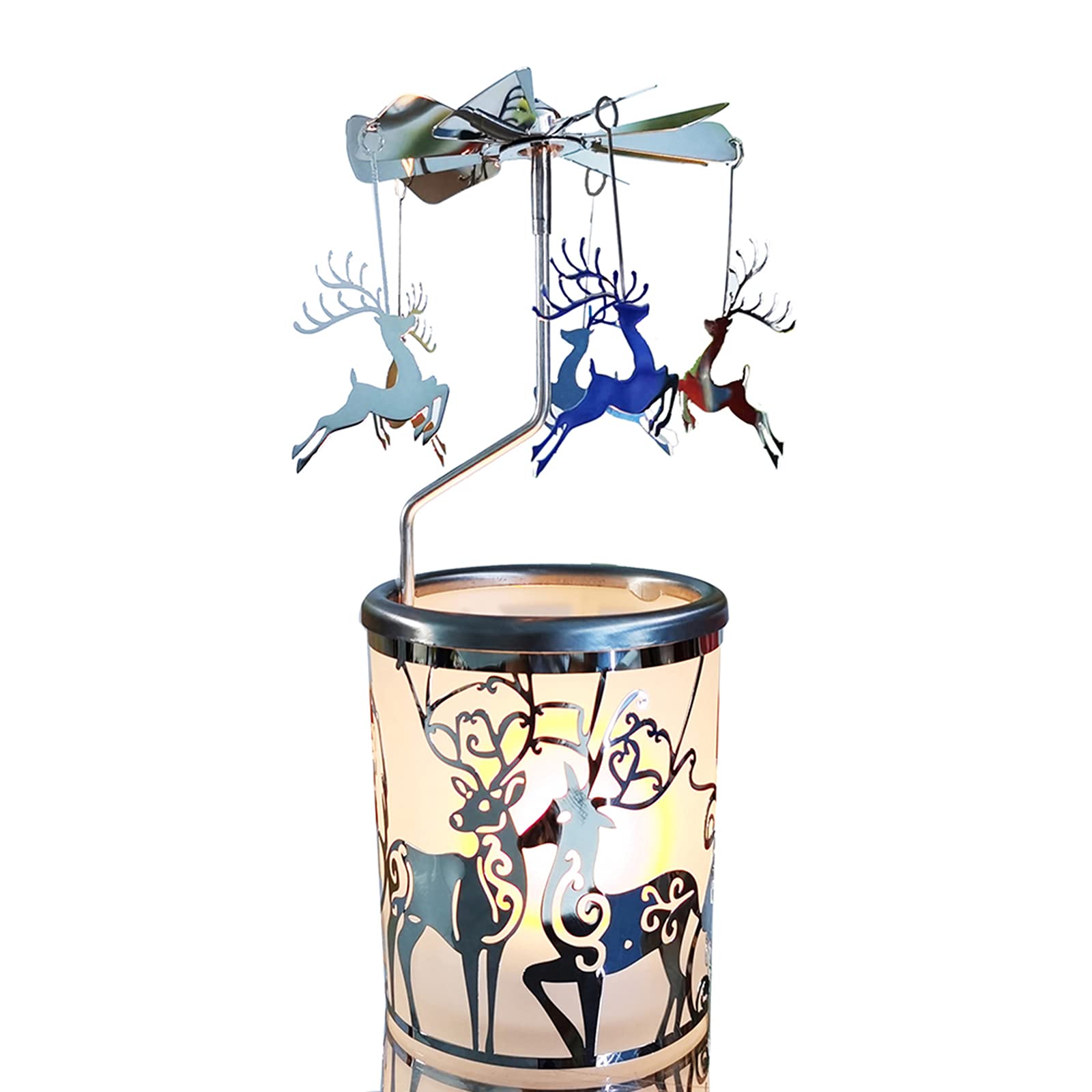 Rotating Carousel Candle Holder - Spinning Metal Tea Light Candlestick for Home Decor (Silver Reindeer Design) | Perfect for Christmas Decorations, Wedding Centerpieces & Cozy Ambiance