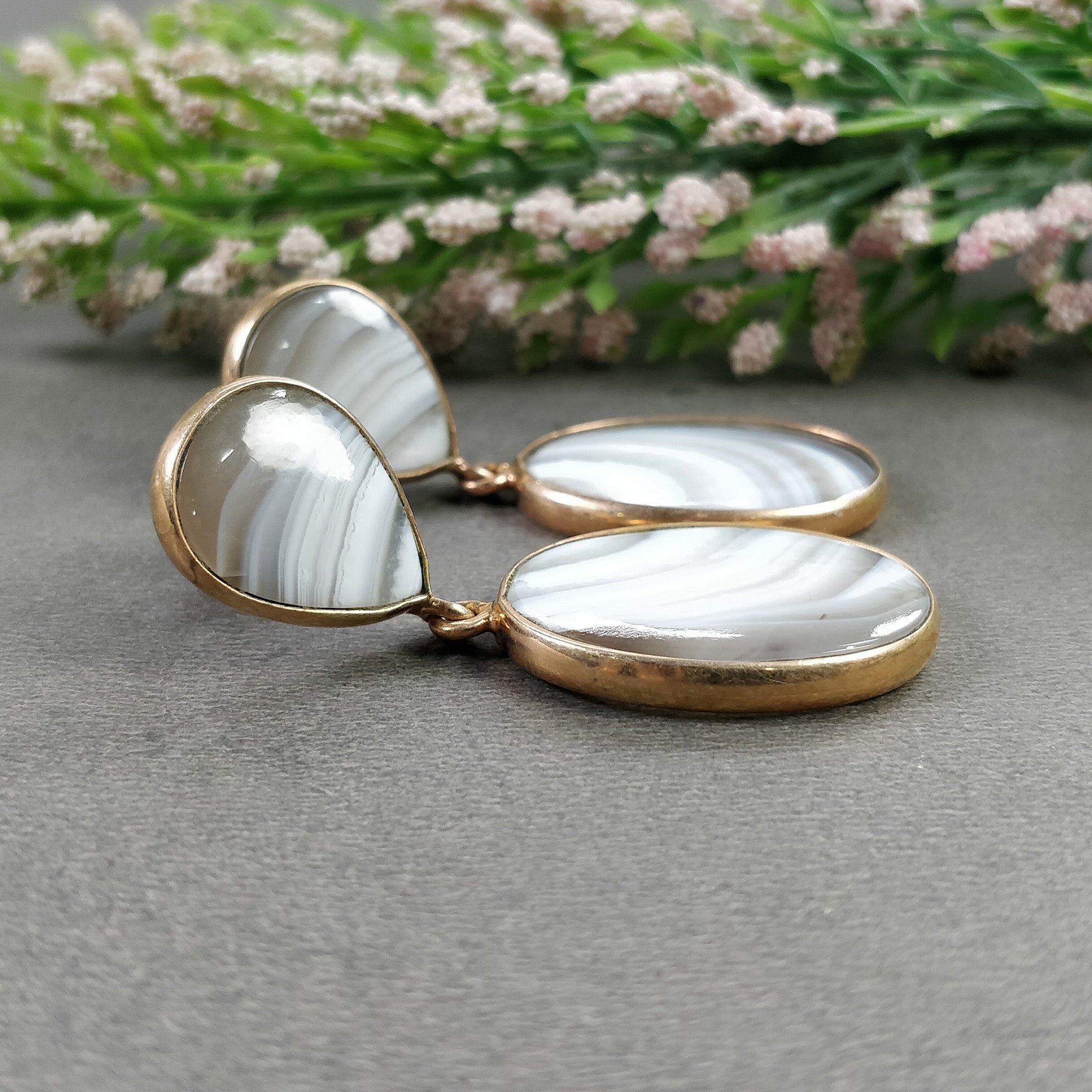 Botswana Agate Gemstone Earrings - 14.32g Natural 925 Sterling Silver Rose Gold Plated Oval Bezel Set Push Back Earrings for Women | Perfect for Weddings, Parties & Everyday Elegance