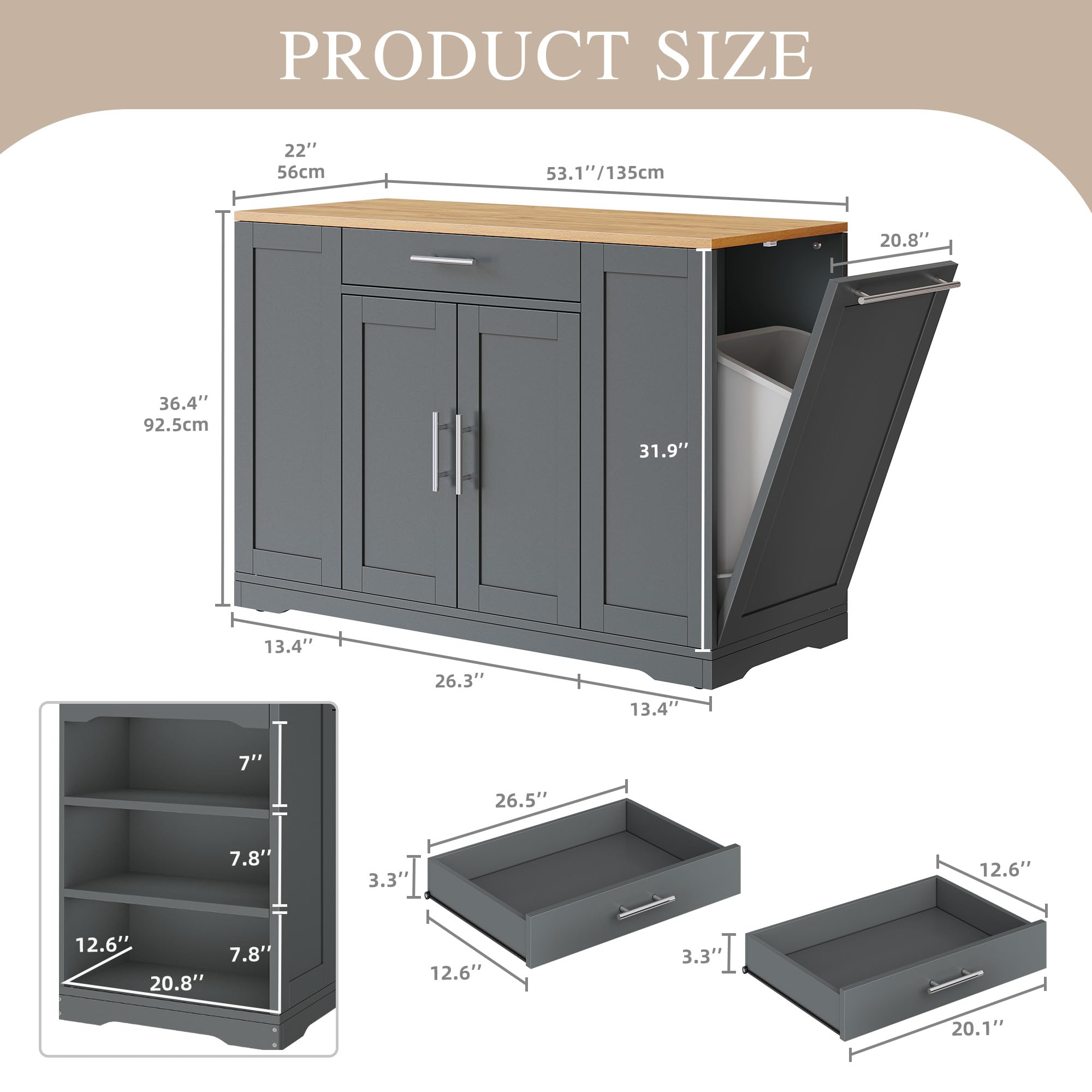 DWVO 53-Inch Large Kitchen Island with Trash Can Storage Cabinet - Portable Rolling Island Table with Wheels for 13 Gallon Garbage Bin, Grey - Perfect for Small Kitchens, Open Shelving Storage & Multi-Purpose Food Prep Station