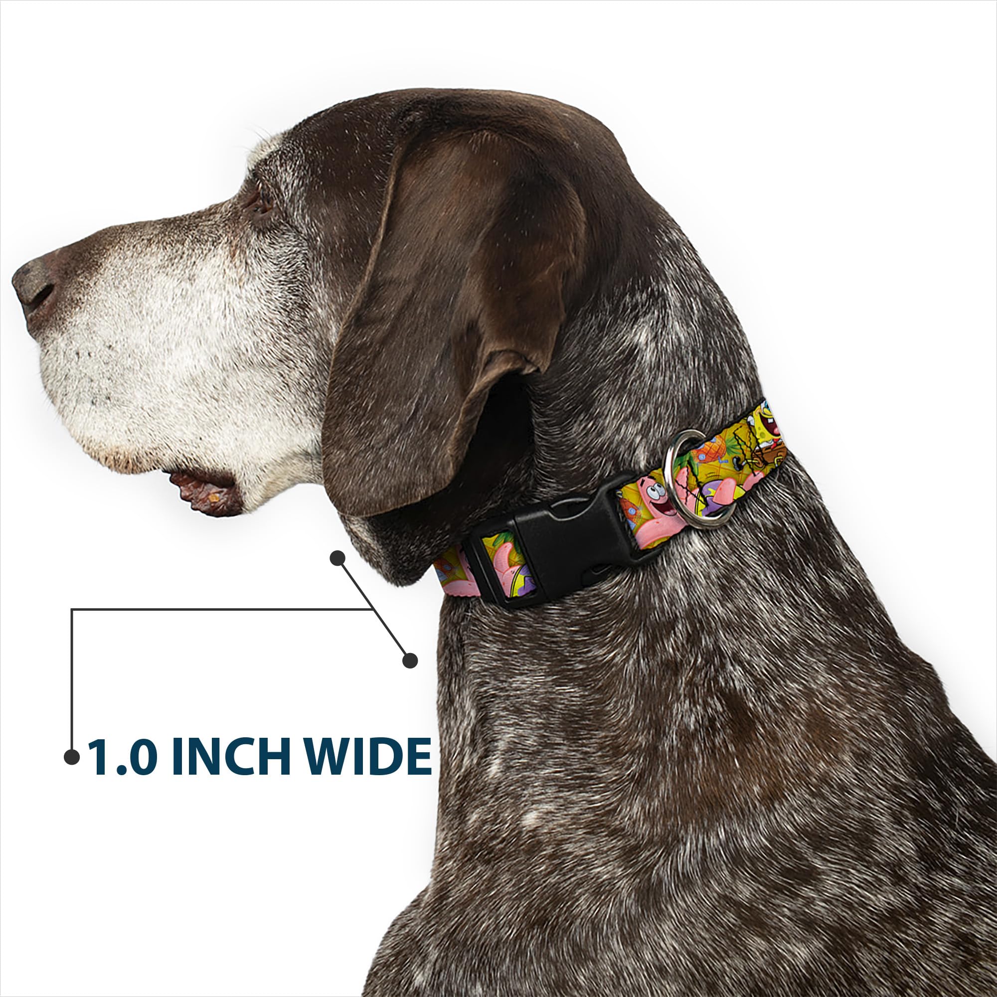 Spongebob & Patrick Starfish Dog Collar - Adjustable 16-23 Inch, 1.5 Inch Wide Nylon Pet Collar with Plastic Clip | Fun Cartoon Character Design for Small & Medium Dogs | Perfect for Costume Parties, Beach Outings & Themed Events