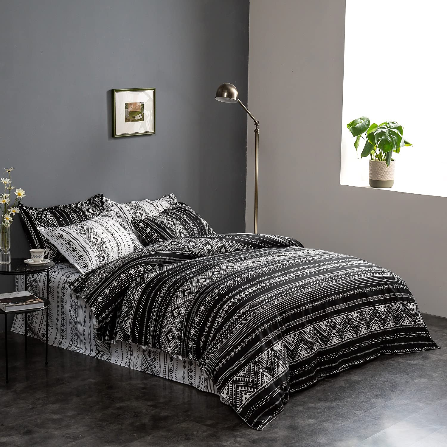 Geometric Boho Duvet Cover Set - Black and White Twin Size Bedding with Zipper Closure, Reversible Quilt Comforter Cover for Kids, Boys & Teens (1 Duvet Cover + 2 Pillow Shams) | Perfect for Boho Bedroom Decor, Teen Room Makeover & Cozy Sleep