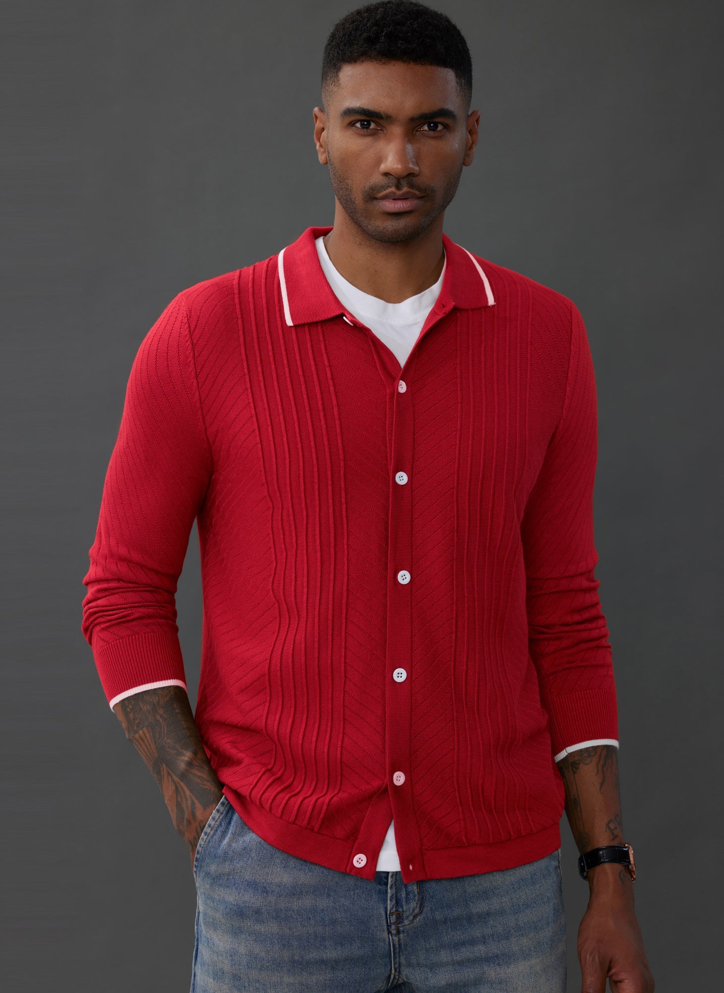 Men's Cable Knit Button Down Long Sleeve Cardigan Sweater with Polo Collar - Casual Office Wear & Winter Layering Essential