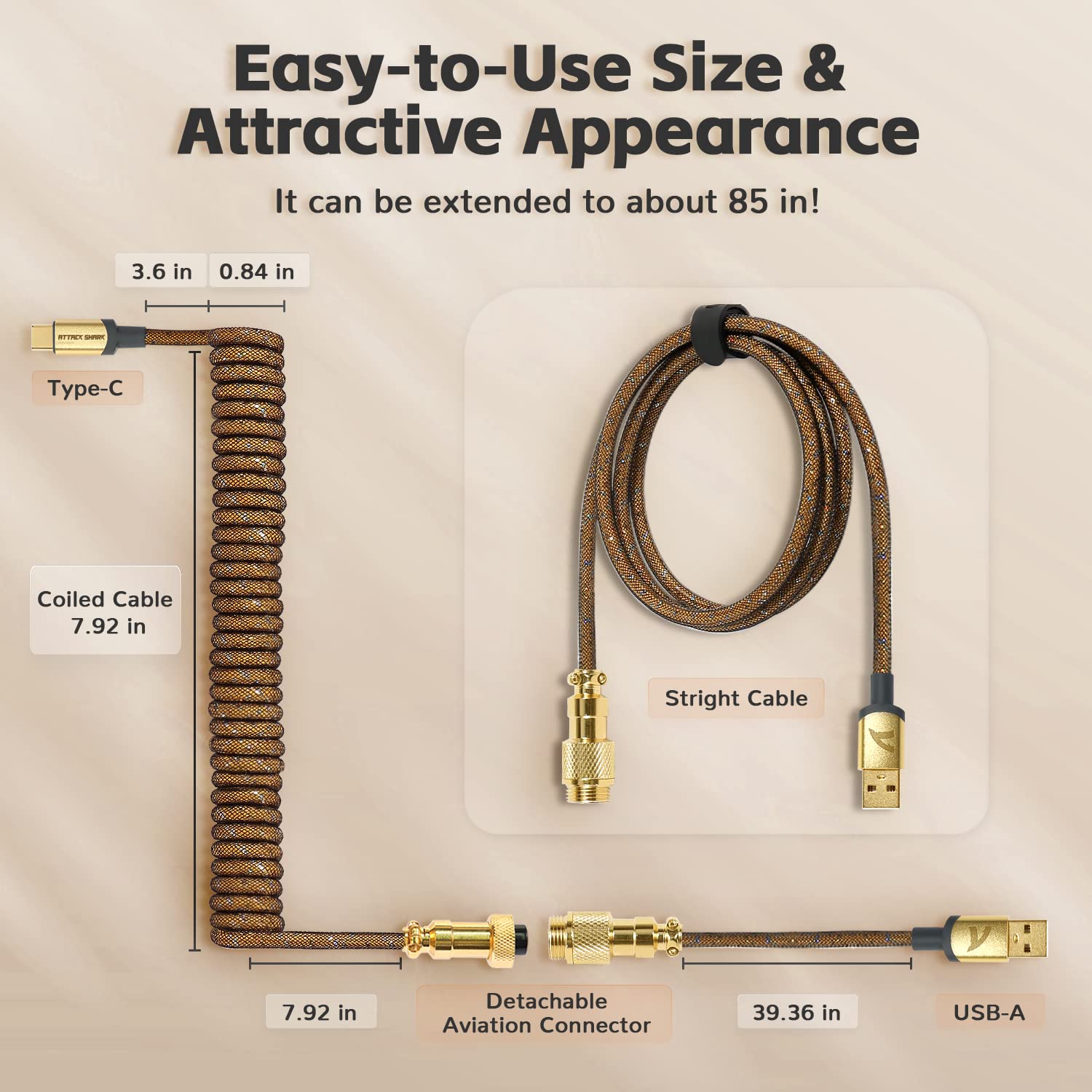 Attack Shark Coiled USB-C Keyboard Cable - Metal Winder Set for Gaming Keyboards | Perfect for Esports & Office Use