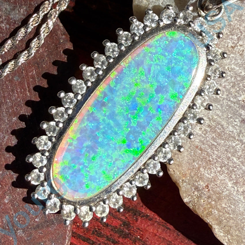 14K Sterling Silver Opal & Cubic Zirconia Pendant Necklace with Chain - Elegant Jewelry for Women, Perfect for Gifts, Parties & Special Occasions