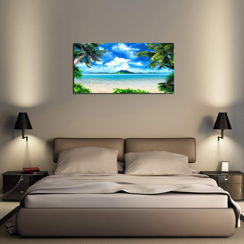 DZL Art S72774 Ocean Waves & Coconut Trees Canvas Wall Art - Tropical Beach Seascape Painting for Bedroom, Living Room & Office Decor | Nature Landscape Picture for Coastal & Vacation Home Themes