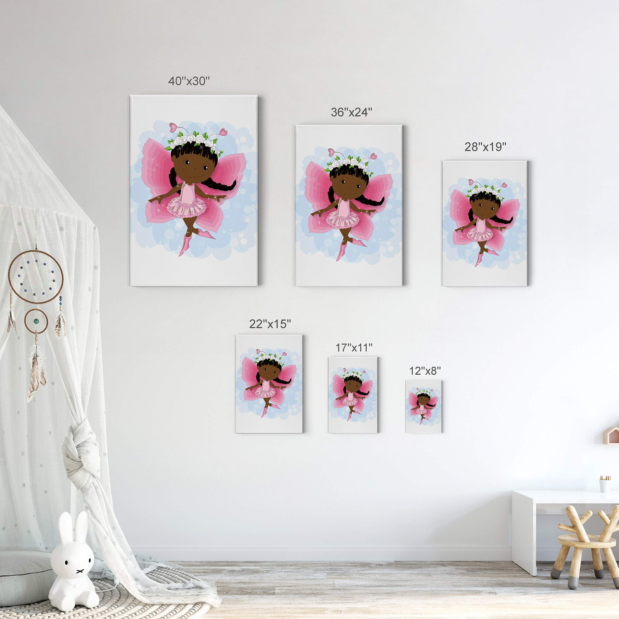 African American Fairy Canvas Print - Pink Dressed Art for Kids Room Decor, Nursery Wall Art (36x24 Inch) | Ready to Hang, Made in USA | Perfect for Baby Rooms, Playrooms & Children's Bedrooms