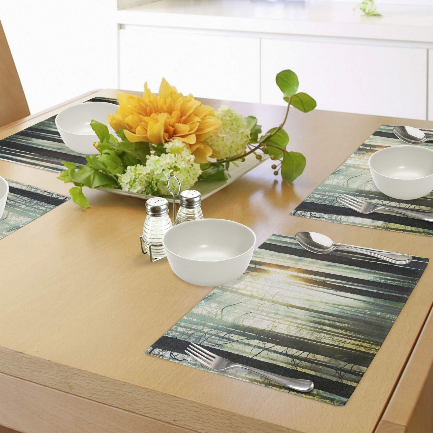 Ambesonne 4-Piece Nature Placemats Set - Enchanted Forest Mist with Sunbeams Digital Art, Washable Fabric Table Mats for Dining Room & Kitchen Decor in Seafoam Dark Brown | Perfect for Dinner Parties, Holiday Gatherings & Everyday Meals