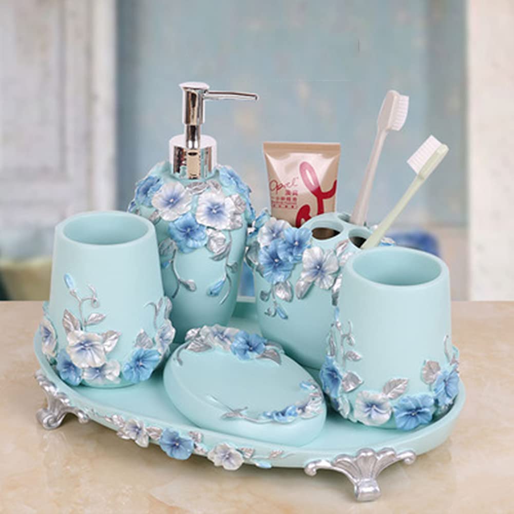 Country Style 3D Flower Resin Bathroom Set - 5pcs Soap Dispenser & Accessories for Home Decor