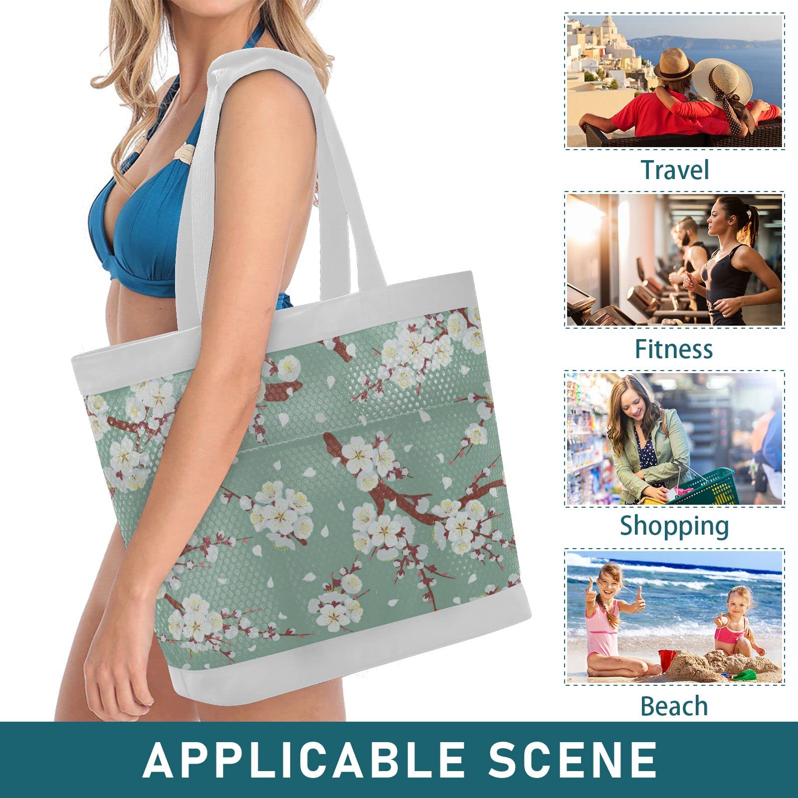 J JOYSAY Large Mesh Beach Tote Bag for Women - Flowering Tree Branches Design, Waterproof Pool Shoulder Bag, Perfect for Vacation Essentials, Beach Trips, Pool Parties & Summer Getaways