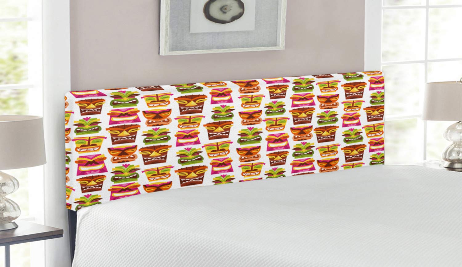Ambesonne Tiki Bar Headboard - Retro Hawaiian Party Design, Colorful Upholstered Metal Bed Headboard with Memory Foam, Queen Size, Multicolor | Perfect for Tropical Themed Bedrooms, Luau Parties & Retro Home Decor