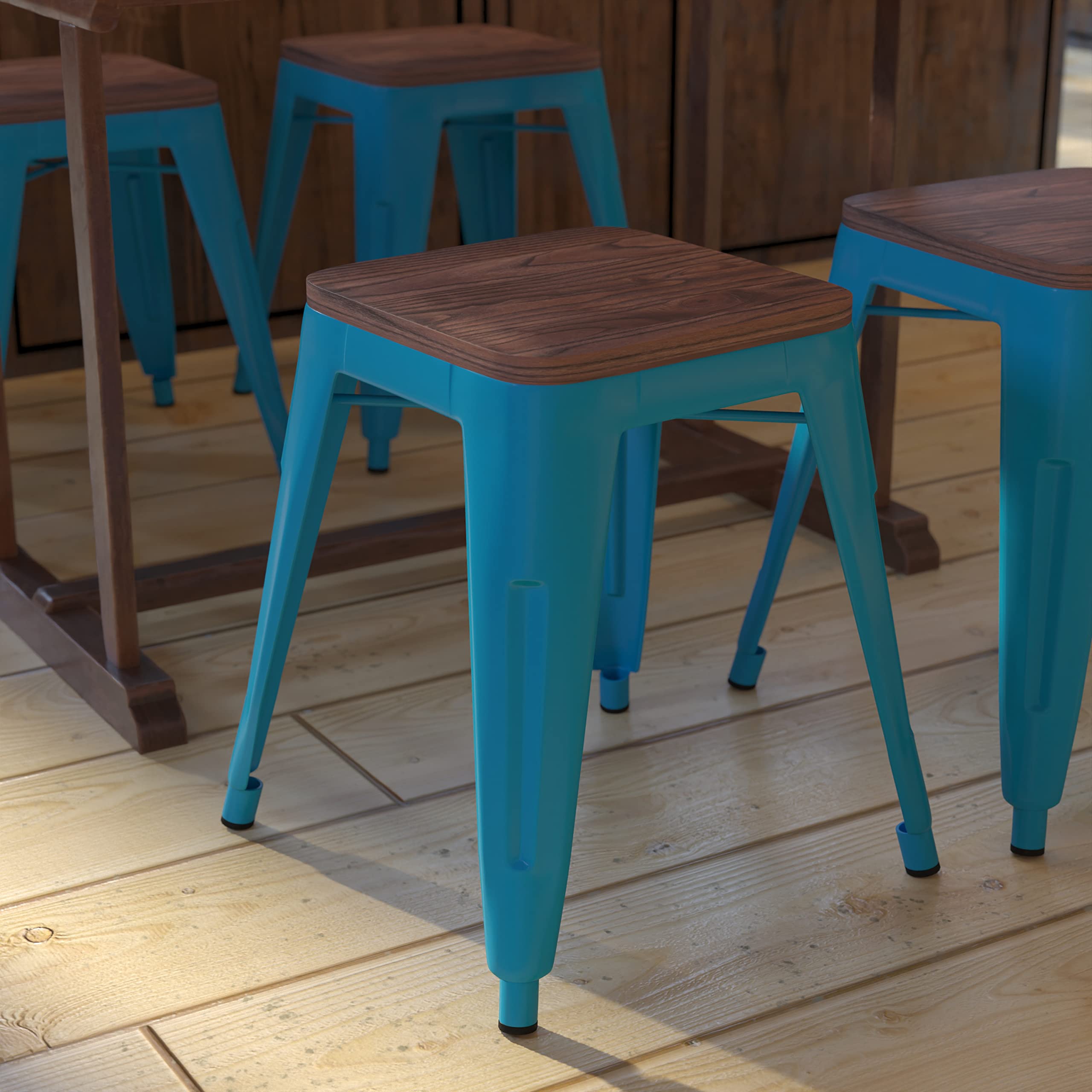 Commercial Grade Metal Dining Table Height Stool with Wooden Seat - Set of 4 Backless Teal Stackable Chairs 18
