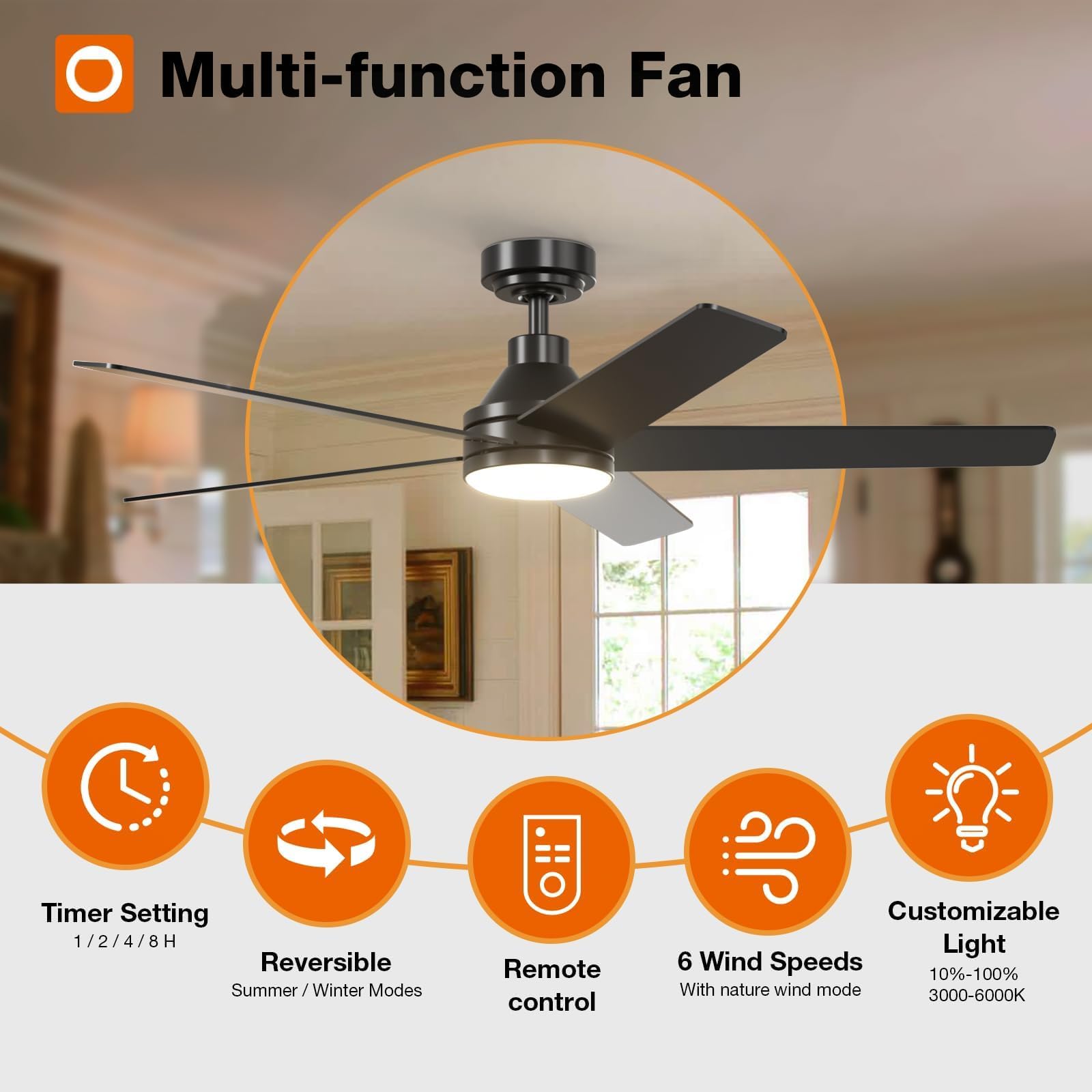 52 Inch Black Ceiling Fan with Lights and Remote Control - Reversible, Dimmable, Noiseless 3CCT LED - Indoor/Outdoor Use for Bedroom, Living Room, Patio & Covered Porch