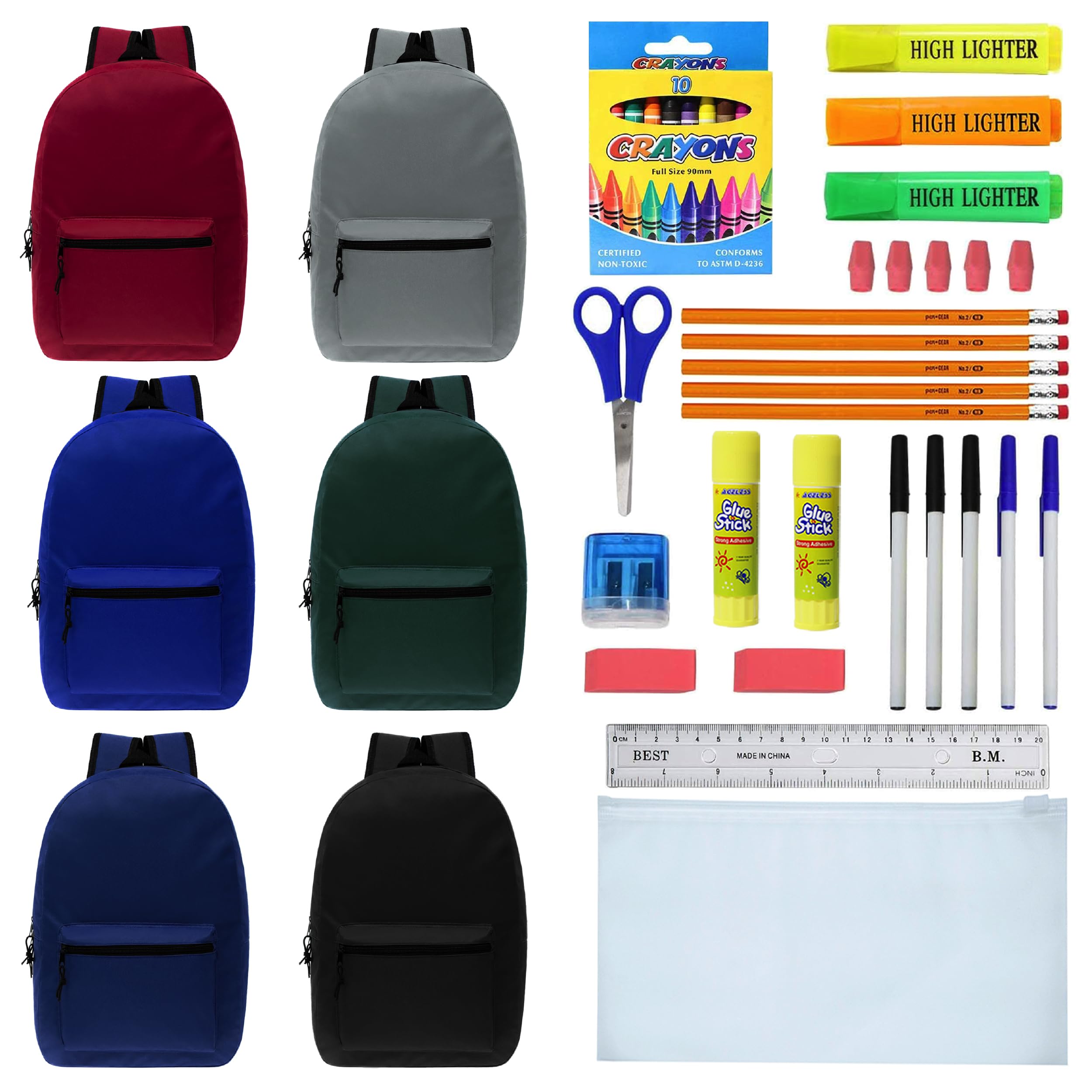 Moda West 15 Inch Bulk Backpacks with 36-Piece School Supplies Kit (Pens, Pencils, Crayons) - 12-Pack in 6 Assorted Colors - Perfect for Back to School, Classroom Supplies & Student Essentials