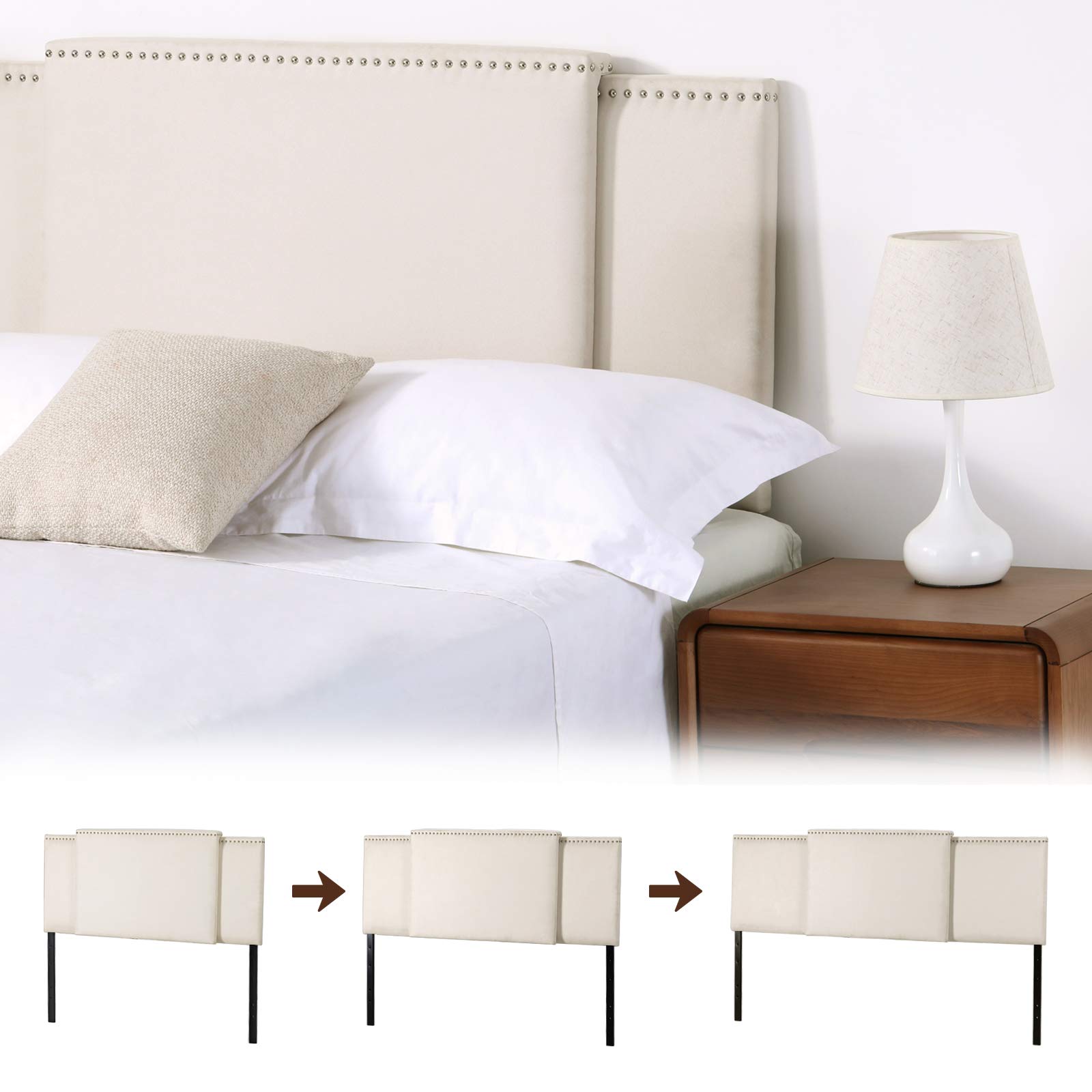 KOTPOP Adjustable 3-in-1 Linen Upholstered Headboard - Breathable Fabric with Nailhead Trim for Full/Queen/King Size Beds (37