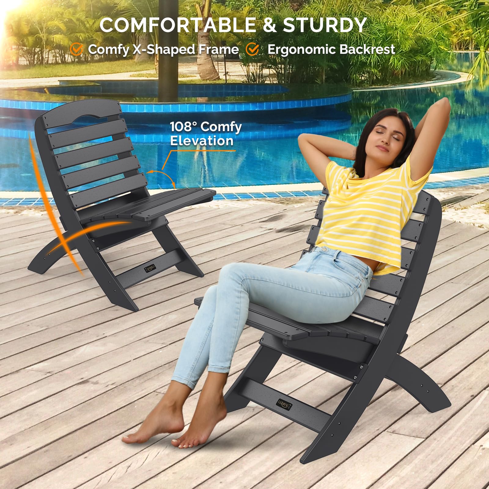 VINGLI 4-Pack Folding Plastic Adirondack Chairs - 350LB Capacity All-Weather Outdoor Furniture for Patio, Poolside, Porch, Beach & Camping - Heavy Duty Black Lawn Chairs Perfect for Backyard Relaxation & Fire Pit Gatherings