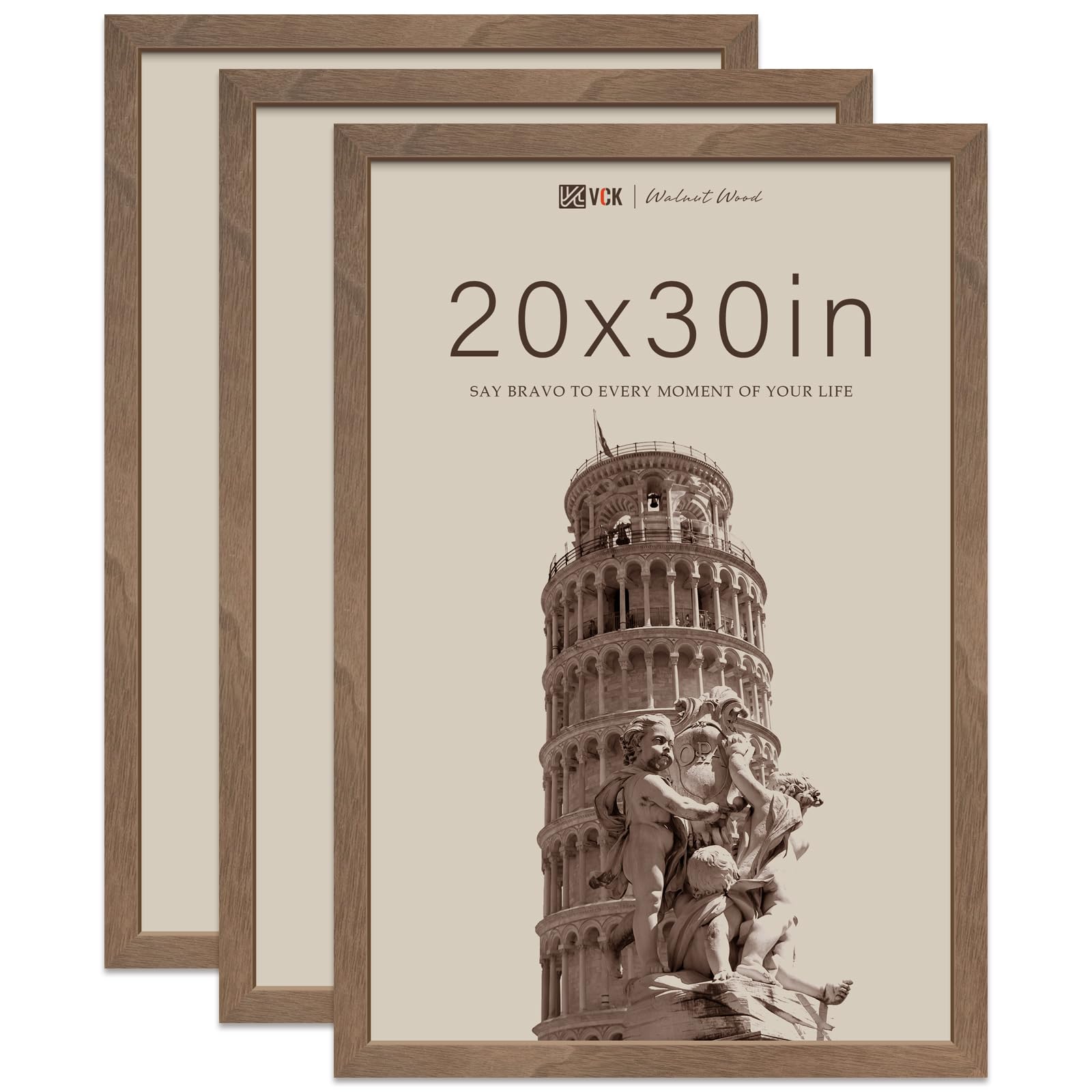 VCK 20x30 Picture Frame Set of 3 - Brown Walnut Solid Wood Poster Frame with Natural Wood Grain, Perfect for Wall Gallery, Home Decor & Office Display
