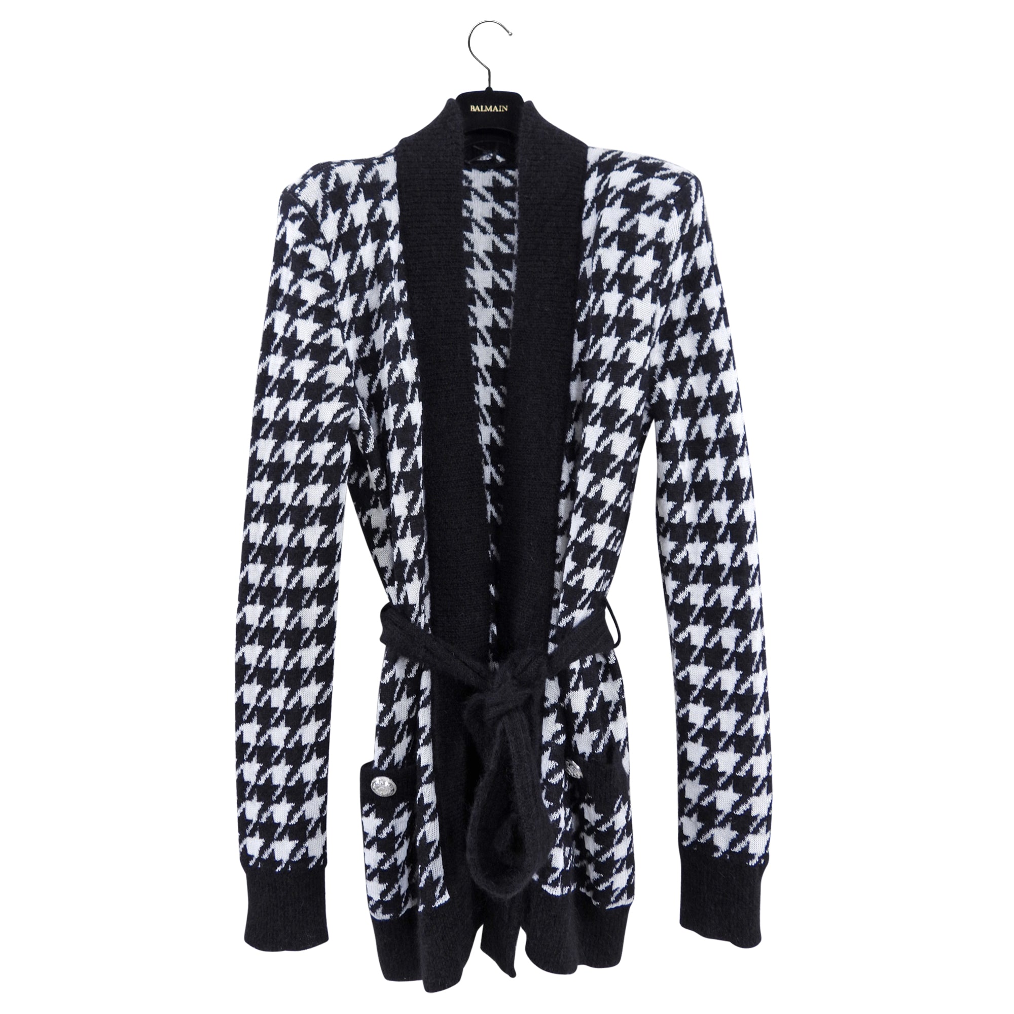 Balmain Mohair Blend Houndstooth Belted Cardigan Sweater for Women | Size FR38 / US 6 | Perfect for Office Wear, Date Night & Fall Fashion