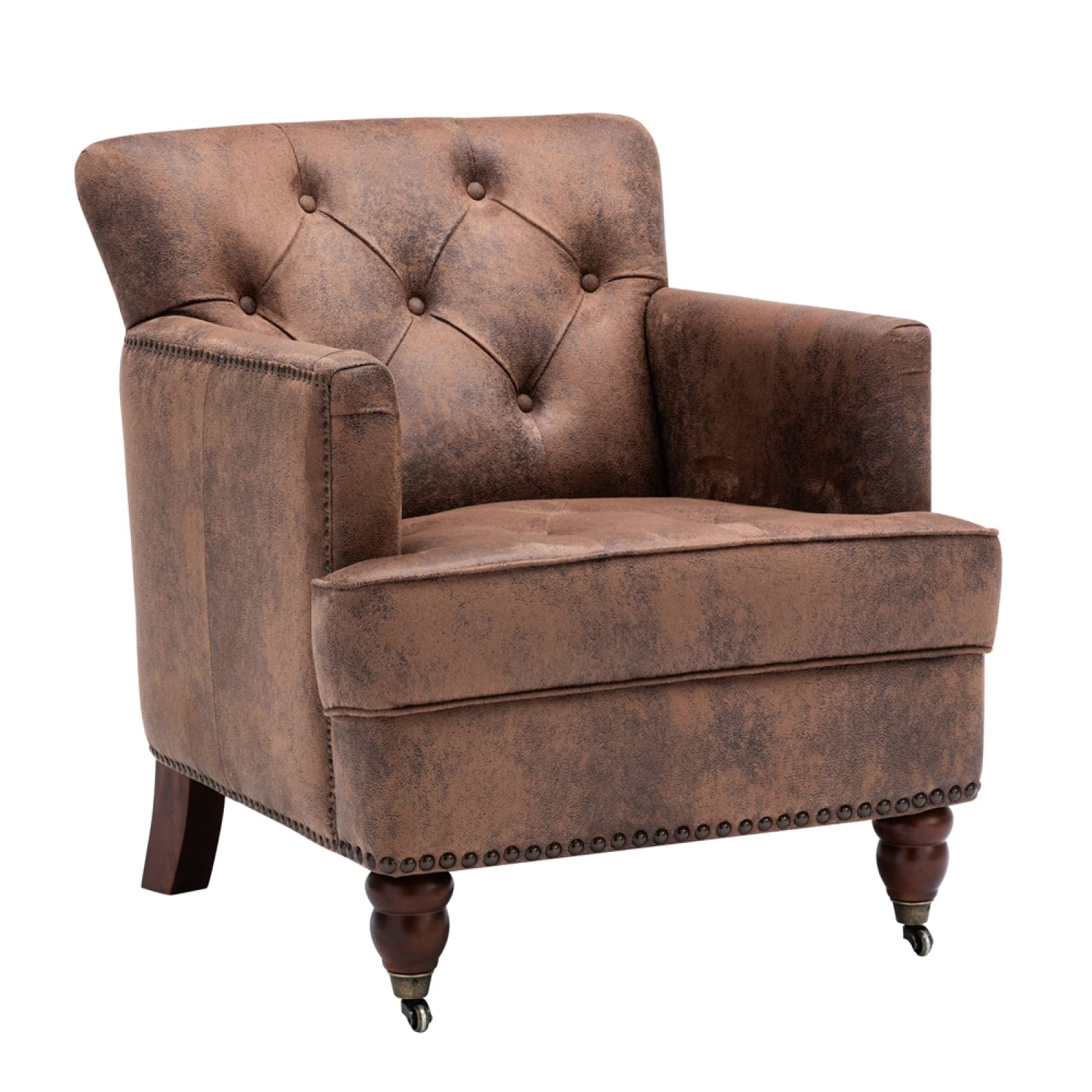 Modern Upholstered Fabric Arm Club Chair with Swivel Wheels - Brown Tub Barrel Accent Chair for Living Room, Bedroom & Office - Comfortable Leisure Seating with Arms & Casters for Home & Meeting Spaces