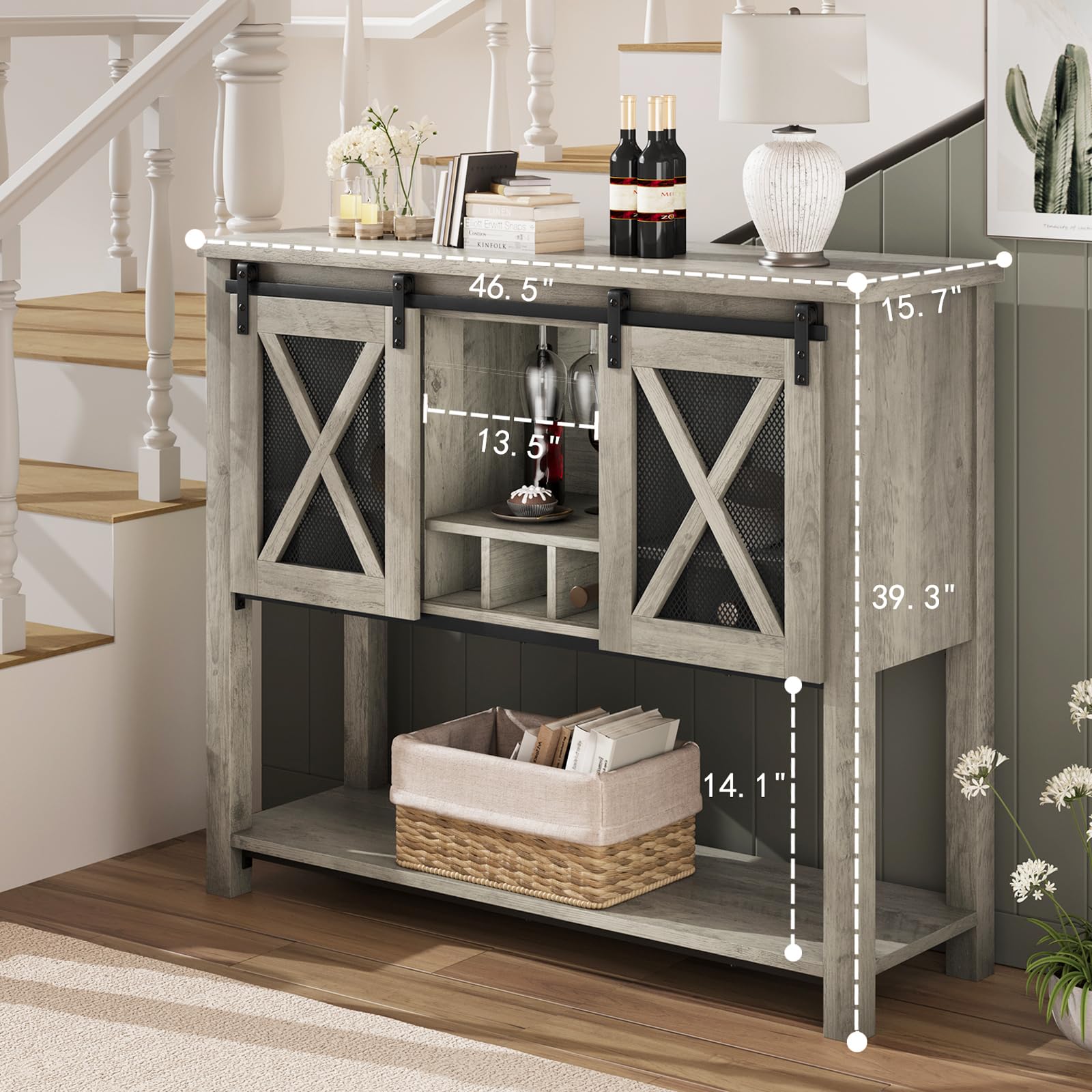 IDEALHOUSE Farmhouse Coffee Bar Cabinet with Wine Glass Rack & Storage - Sideboard Buffet for Kitchen, Dining & Living Room - Perfect for Entertaining & Home Bar Setup (Grey)