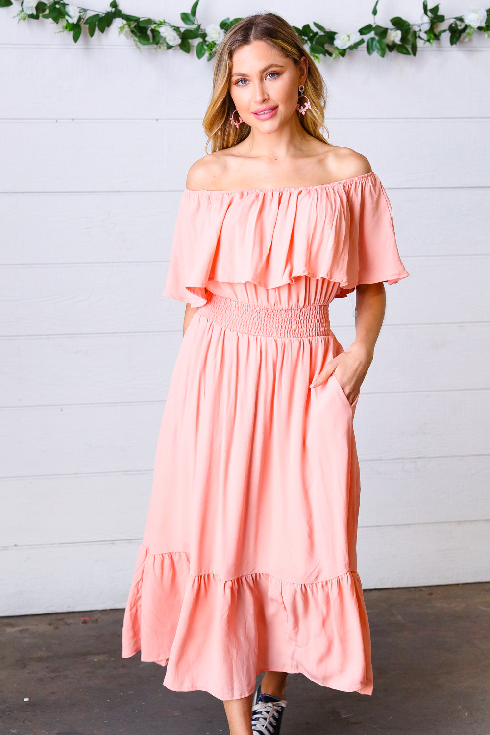 Coral Off-Shoulder Smocked Waist Ruffle Sleeve Midi Dress for Women - Summer Beach Party, Wedding Guest, Date Night Outfit