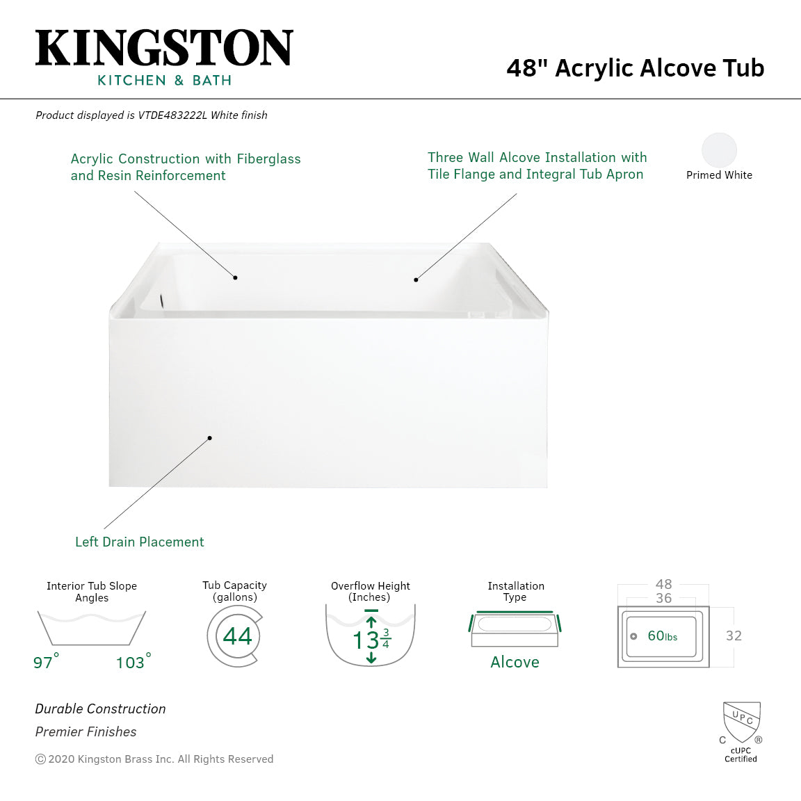 Aqua Eden VTDE483222L 48-Inch Acrylic Rectangular 3-Wall Alcove Bathtub - Left Hand Drain - Glossy White - Perfect for Small Bathrooms & Modern Home Spa Experience