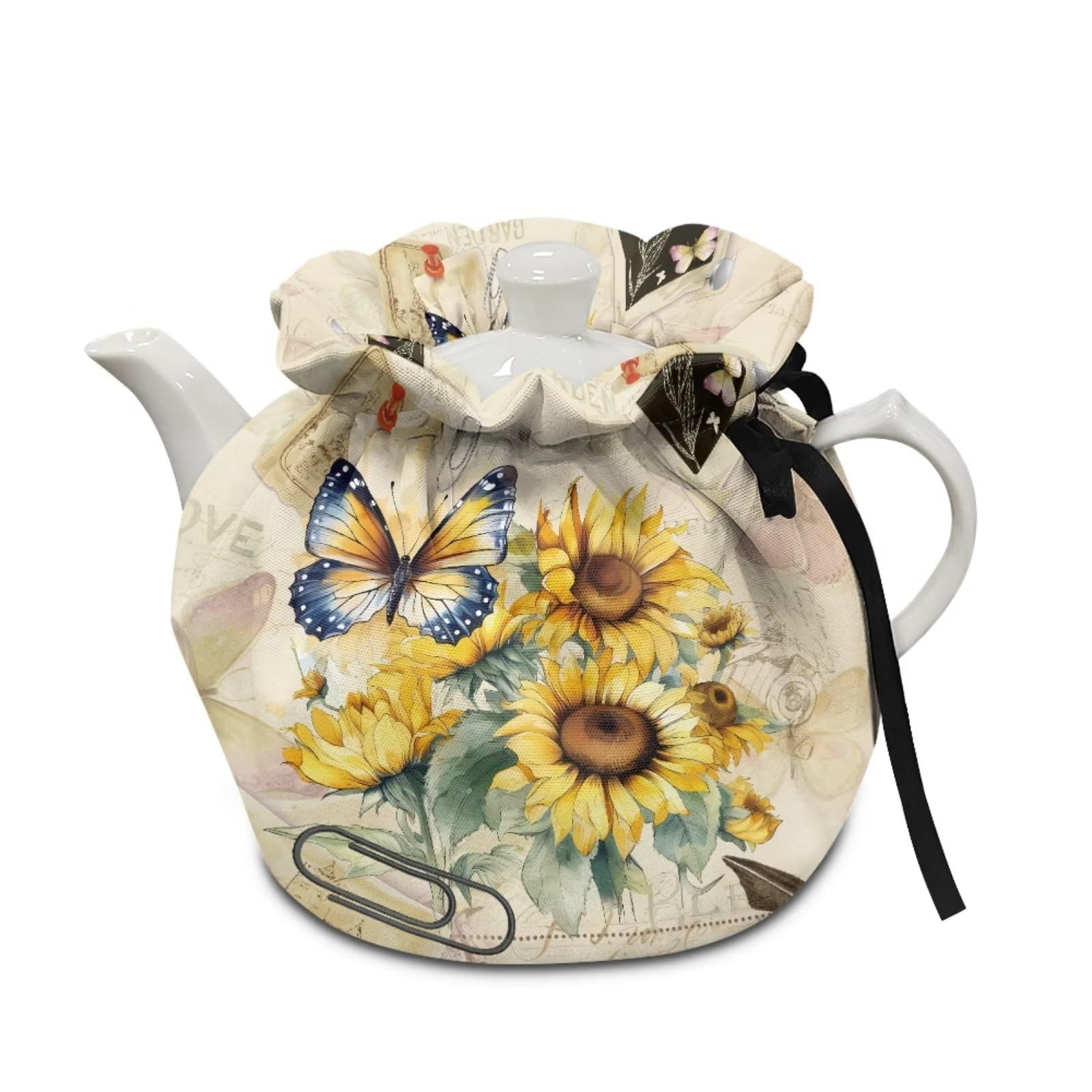 Butterfly Sunflower Tea Pot Cozy - Cotton Teapot Cover for Travel & Home - Dustproof Tea Kettle Cozy - Cute Kitchen Accessories & Decor - Perfect for Tea Parties, Gifts, and Cozy Home Decor