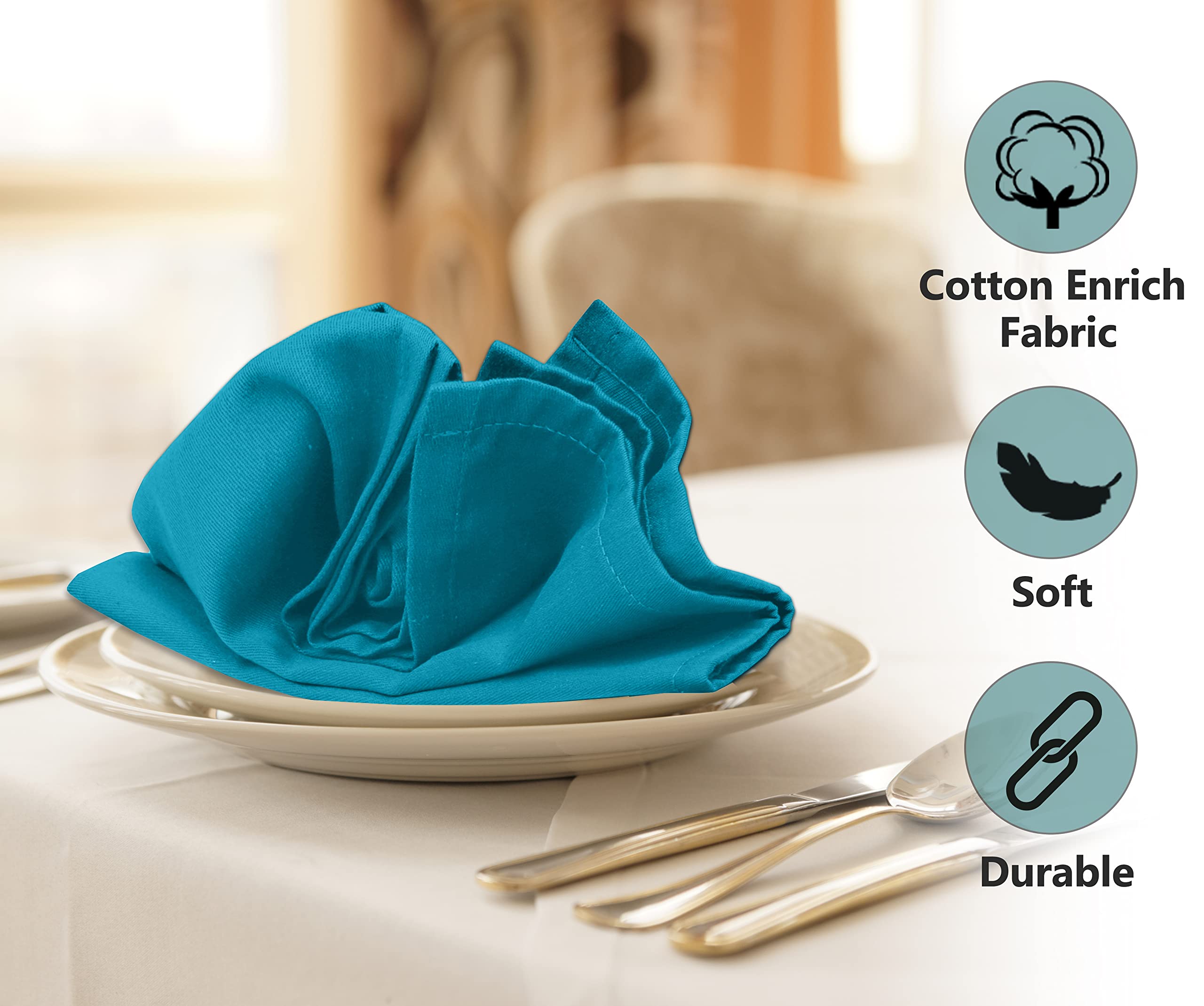 RUVANTI 12-Pack 18x18 Inch Washable Cotton Blend Cloth Napkins - Soft, Durable & Absorbent Dinner Napkins for Restaurants, Weddings, Parties & Everyday Use - Teal Table Linens for Fine Dining & Special Events