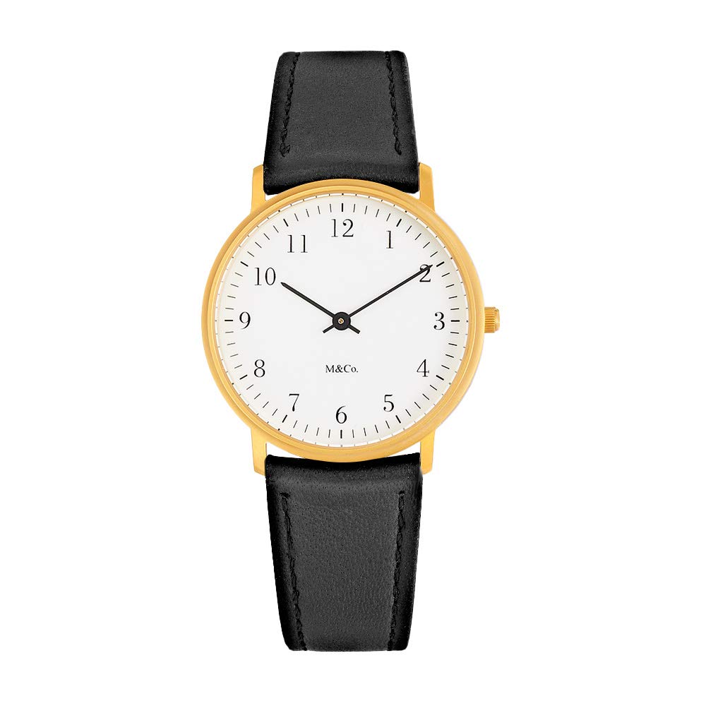 M&Co Bodoni Brass Watch with Black Leather Band - Stylish Minimalist Watch for Men & Women, Perfect for Business, Casual & Formal Occasions