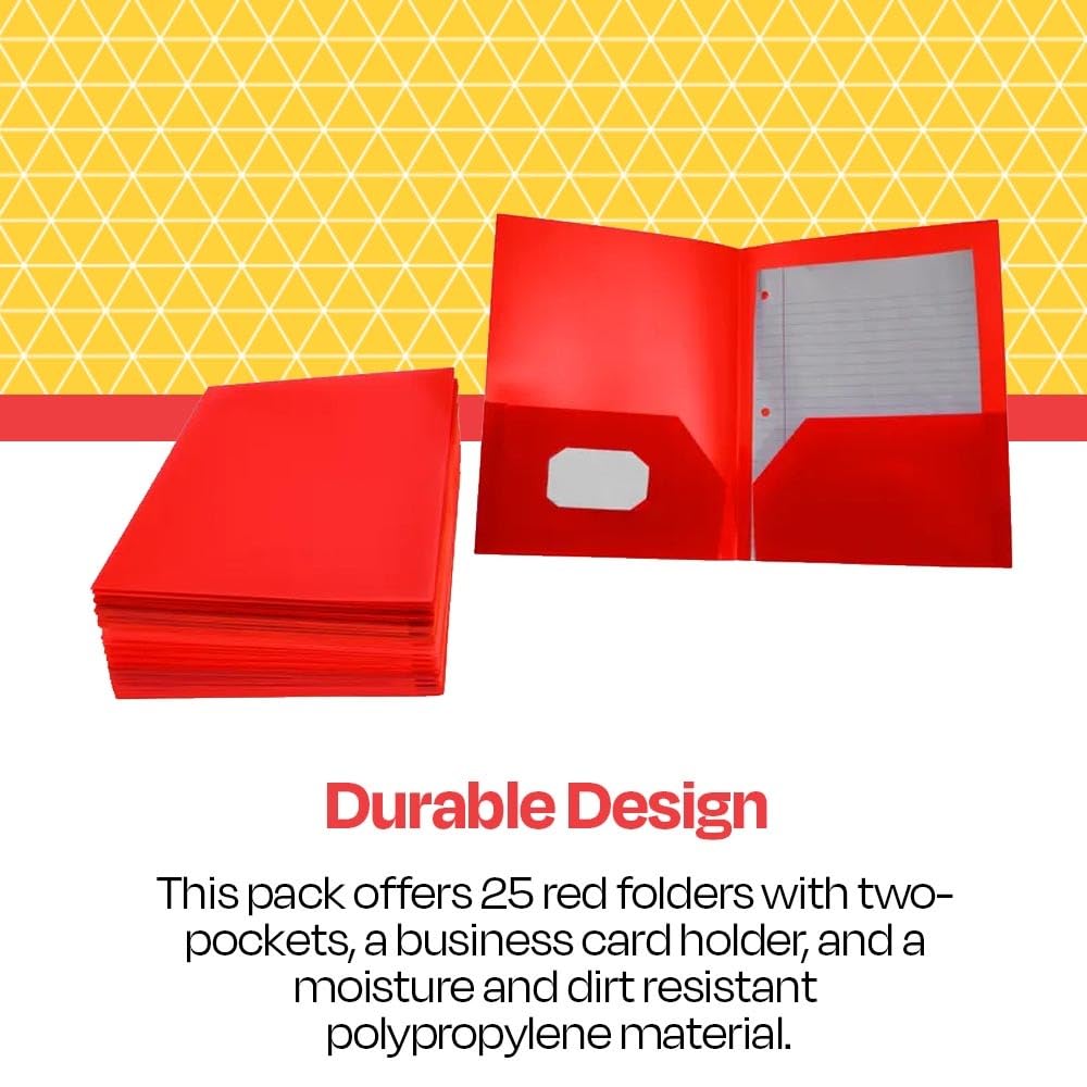 School Smart 2-Pocket Poly Folders - Red, Pack of 25 | Durable Plastic Folders for Classroom Organization, Homework & Document Storage | Perfect for Students, Teachers & Office Use