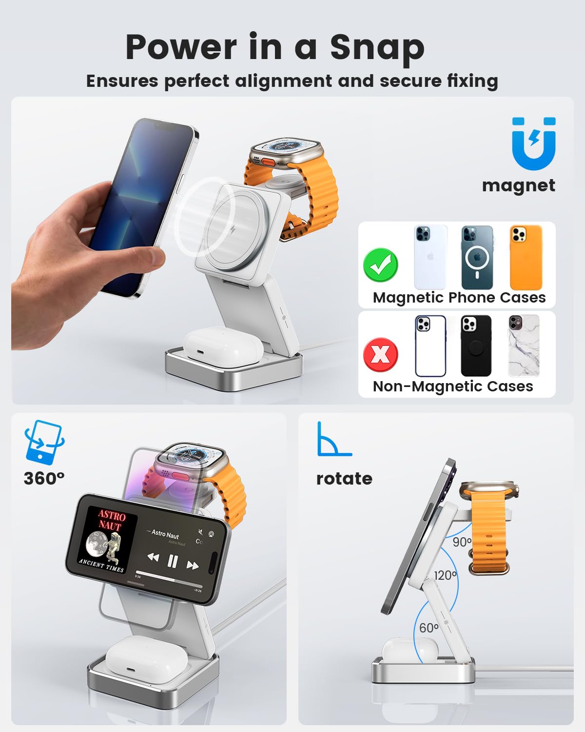 3-in-1 Magnetic Wireless Charging Station - 15W Fast Wireless Charger for iPhone 16/15/14/13/12 Series, Apple Watch & AirPods - Foldable Travel Stand with MagSafe Compatibility | Perfect for Nightstand, Office Desk & Travel Accessories
