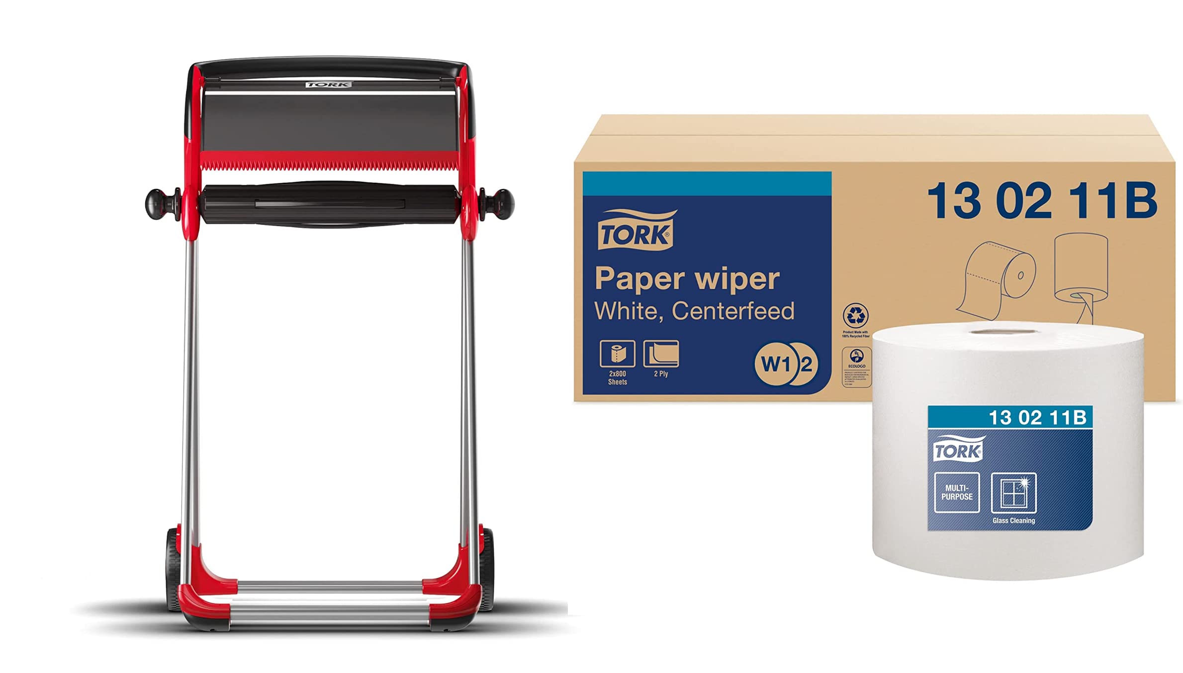 Tork Industrial Floor Stand Paper Towel Roll Dispenser - Heavy-Duty Red Commercial Dispenser with 2-Ply White Centerfeed Refill (2 Rolls x 800 Sheets) - Ideal for Restaurants, Hospitals, and Office Break Rooms