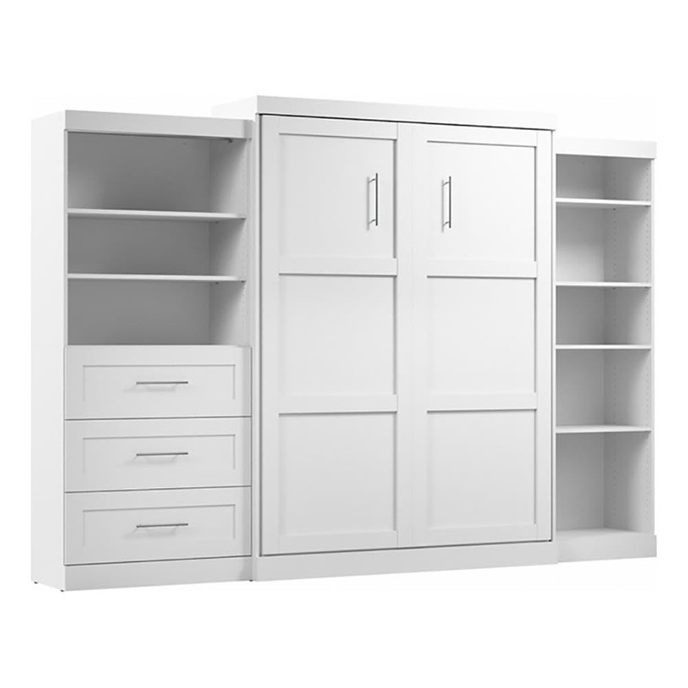 Pemberly Row Transitional Wood Queen Wall Bed with Storage in White - Space-Saving Murphy Bed for Small Apartments, Guest Rooms & Home Offices