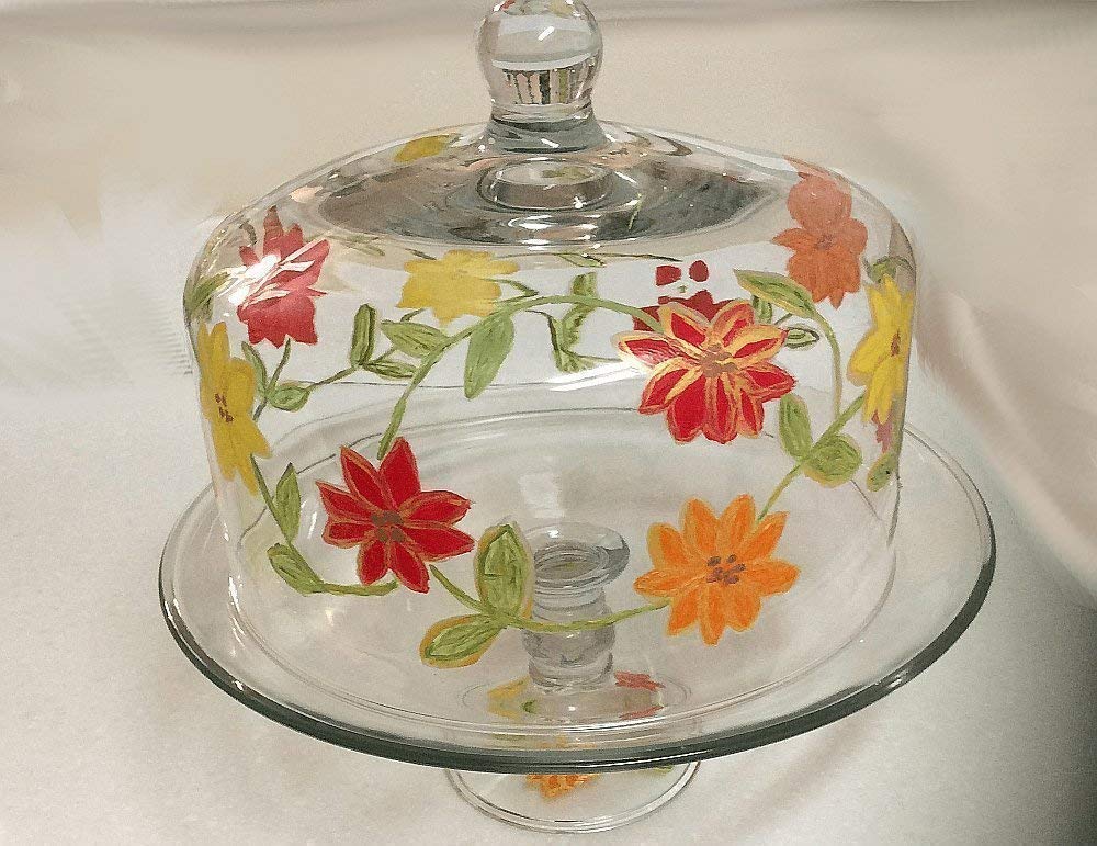 Clearly Susan's Hand-Painted Floral Glass Cake Stand with Dome Cover - Elegant Display for Weddings, Parties & Dessert Tables