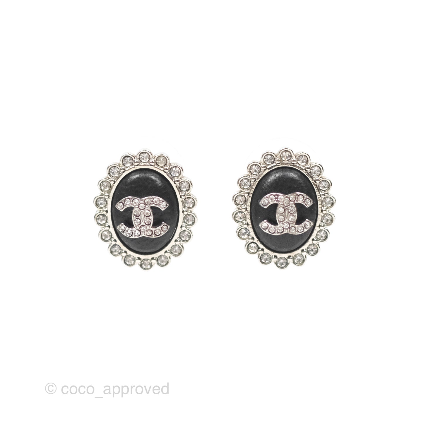 Chanel Black Crystal CC Logo Earrings in Silver Tone - 22B Collection | Luxury Fashion Jewelry for Women, Perfect for Parties, Weddings & Special Occasions