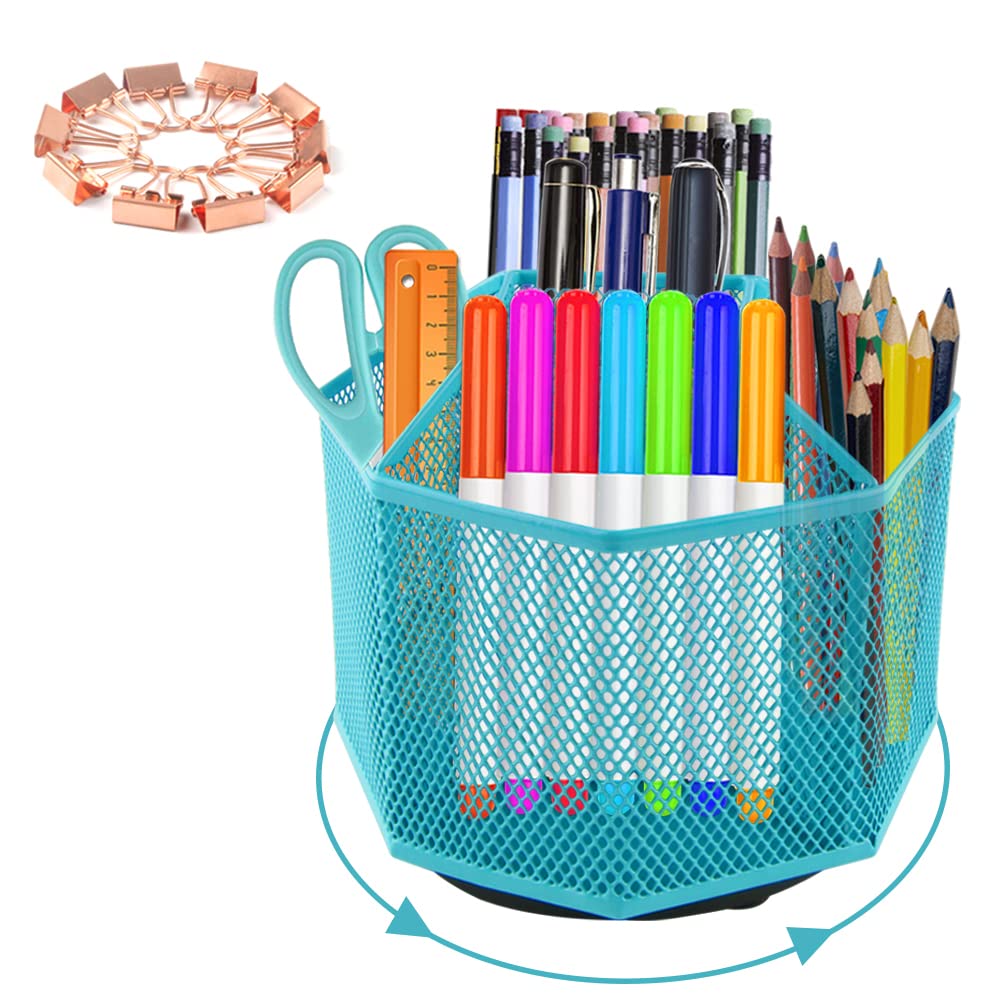 360° Rotating Pencil Holder with 5 Compartments & 10 Clips - Mesh Desk Organizer for Pens, Stationery & Office Supplies - Perfect for Home Office, School & Workspace Organization (Blue)