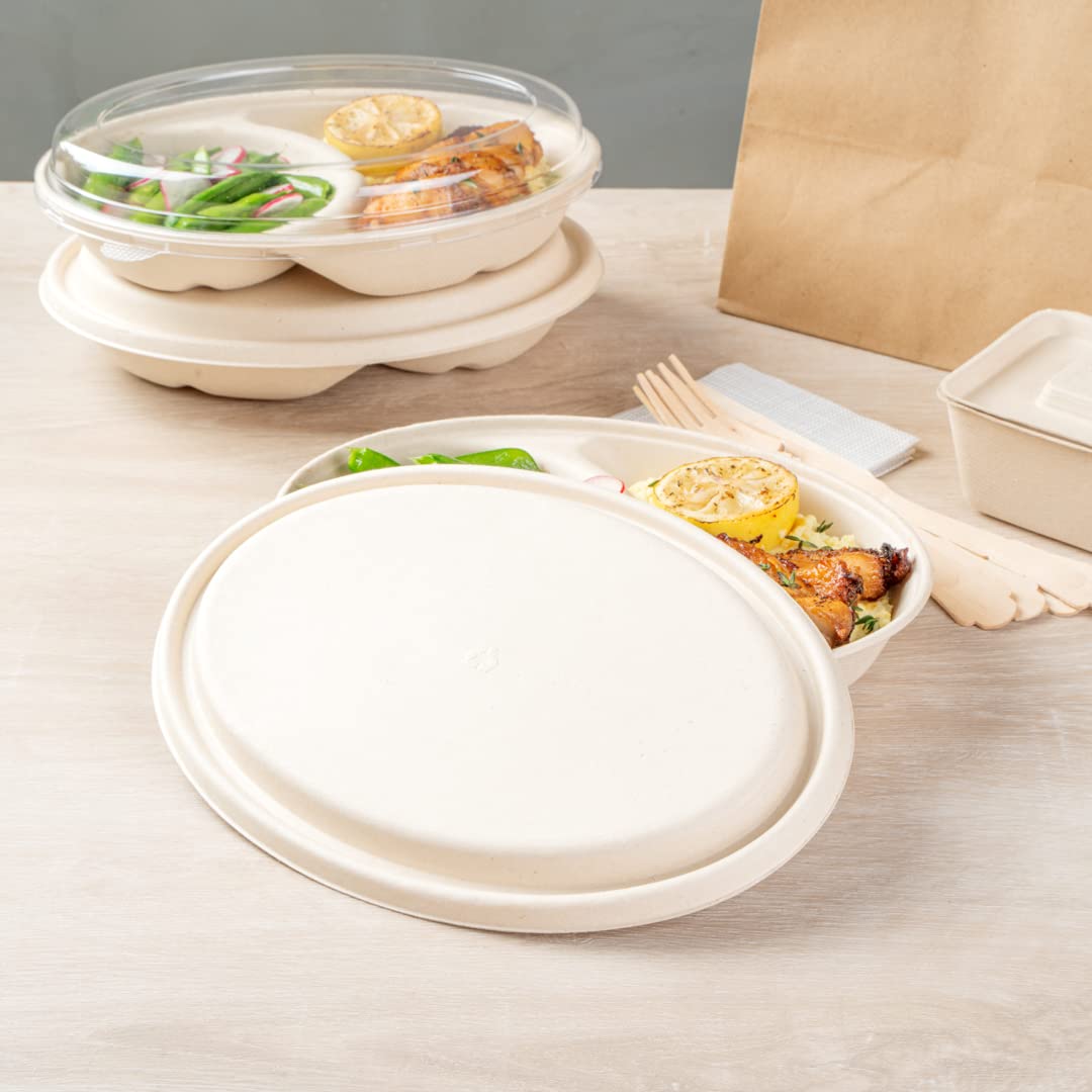 Eco-Friendly 100-Pack Oval Bagasse Lids for 21-OZ Sugarcane Bowls | Biodegradable & Compostable Disposable Lids | Perfect for Restaurants, Catering & Takeout Meals