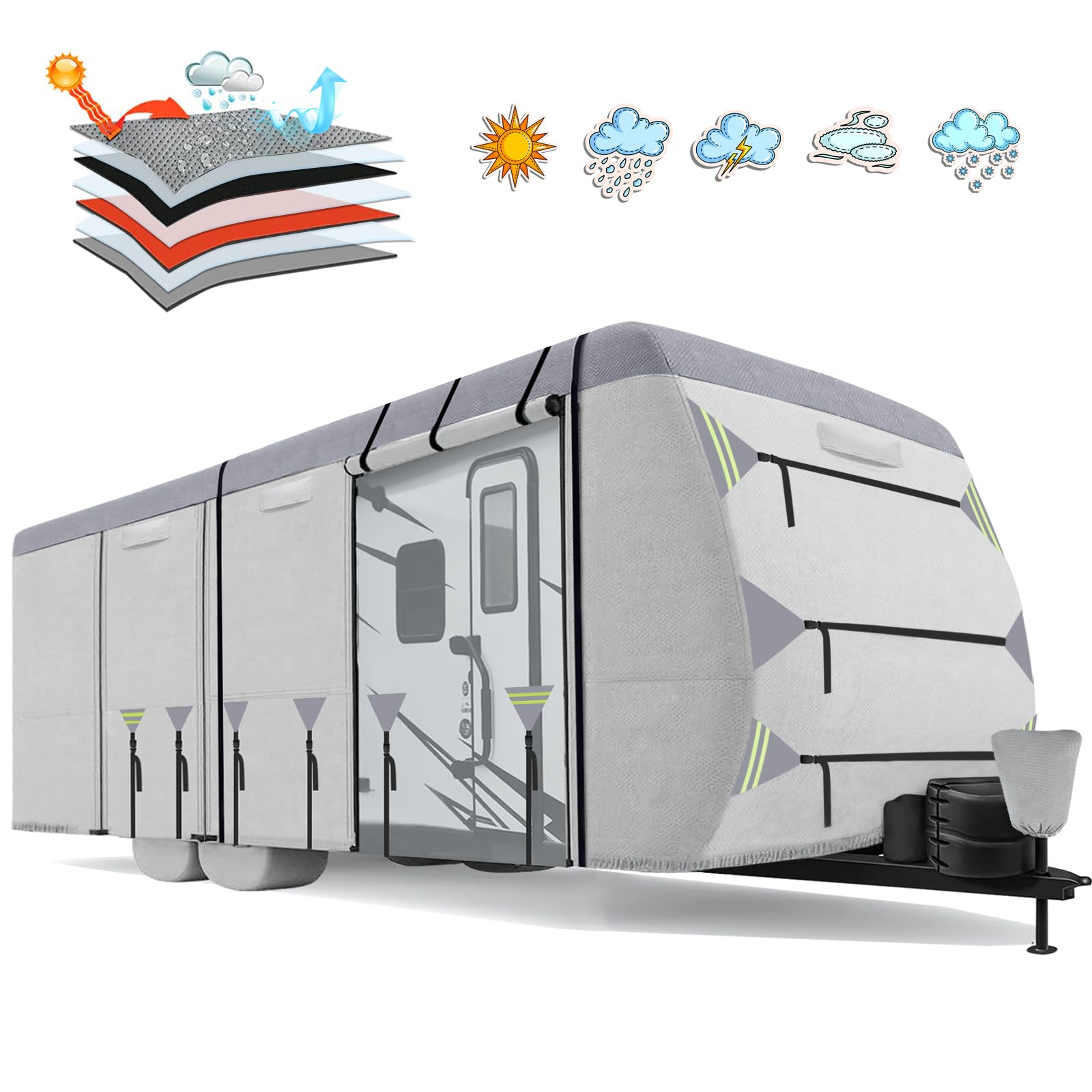 24'-26' Heavy Duty 900D Waterproof RV Cover - Windproof Travel Trailer Camper Cover with Zippered Door, Tongue Jack Cover & Tire Protector | All-Weather Protection for Outdoor Storage & Camping Trips