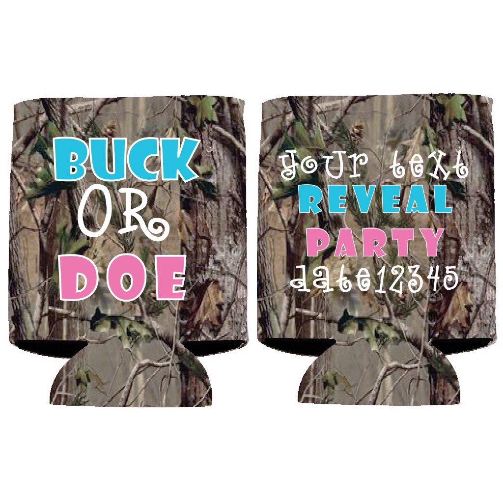 Custom Camouflage Can Coolers for Gender Reveal Parties - Set of 48 Insulated Beverage Sleeves (Buck or Doe Design) - Perfect for Baby Showers, Outdoor Events & Tailgating