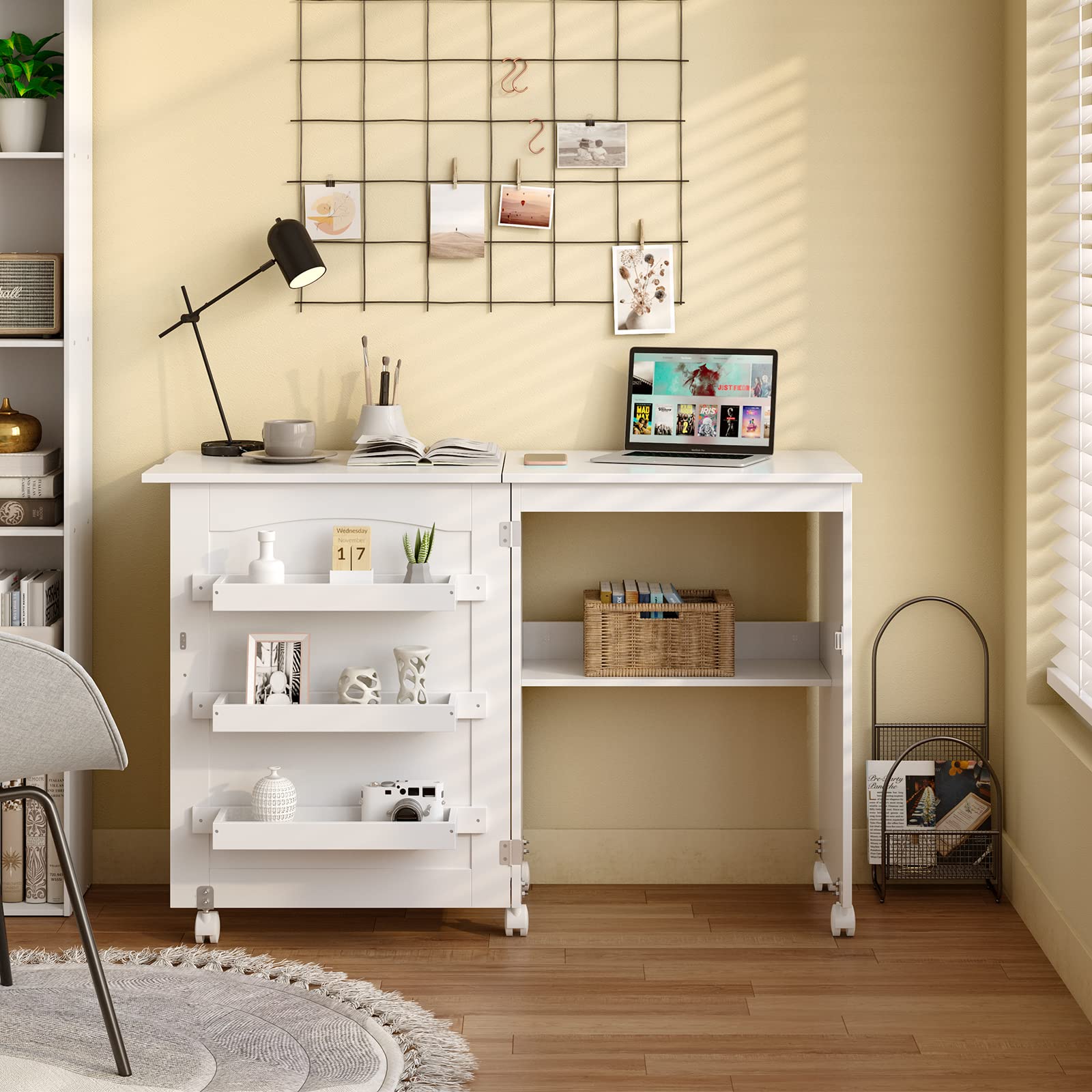 COSTWAY Folding Sewing Table with Lockable Wheels | Multipurpose Craft Station Desk & Display Cabinet with Storage Shelves | Rolling Sewing Machine Desk for Home & Apartment | Perfect for Quilting, DIY Projects & Small Space Organization (White)