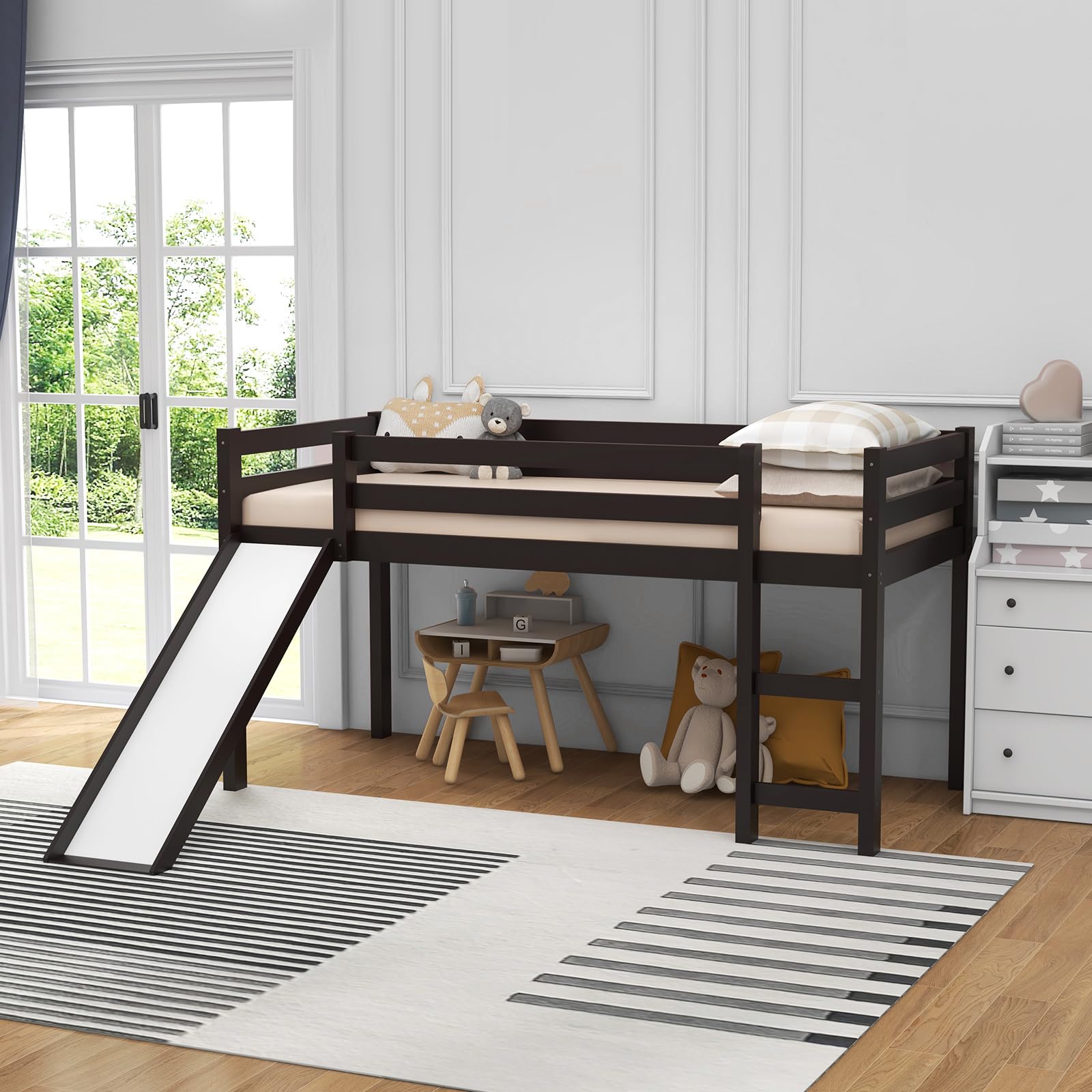 Giantex Twin Loft Bed with Slide - Wooden Low Loft Bed for Kids & Toddlers - Twin Bed Frame with Climbing Ladder & Storage - No Box Spring Needed - Espresso Finish - Perfect for Small Bedrooms, Playrooms & Kids' Sleepovers