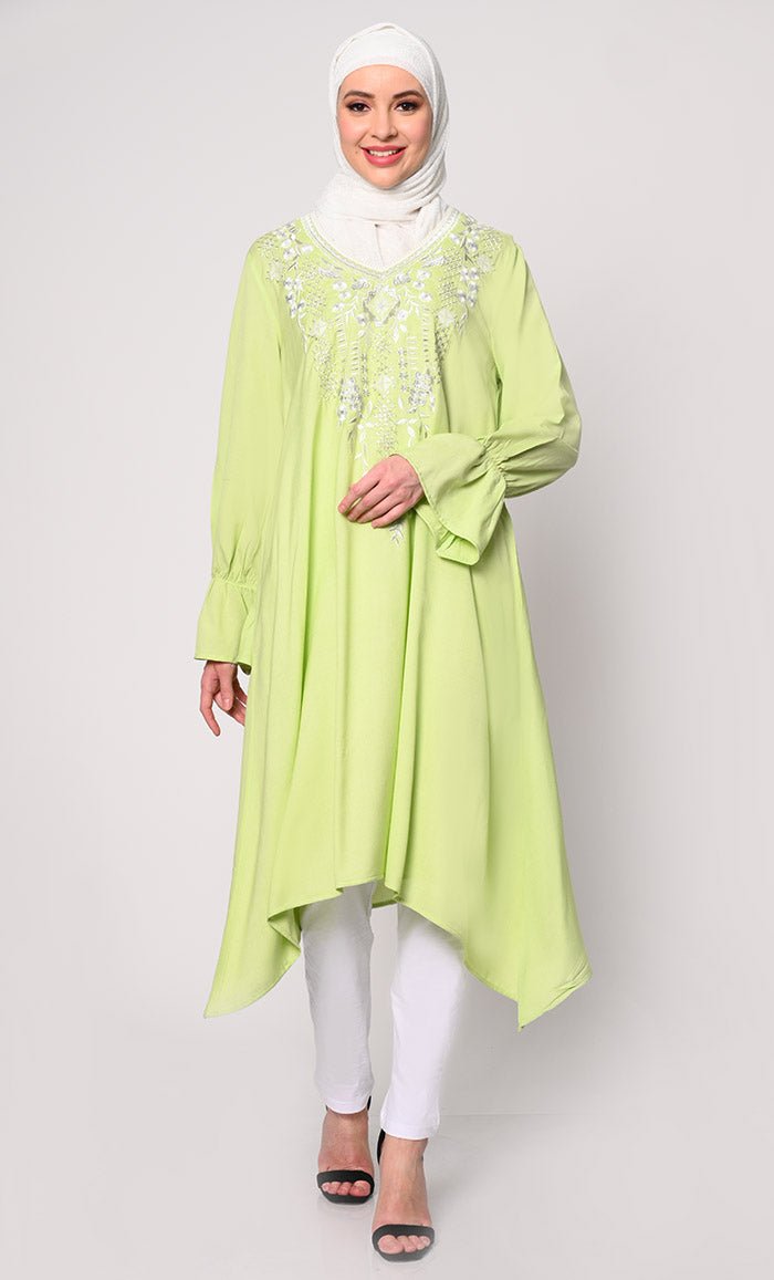 Embroidered Pista Green Tunic with Asymmetrical Hem - Stylish Women's Boho Top for Casual Wear & Summer Outfits
