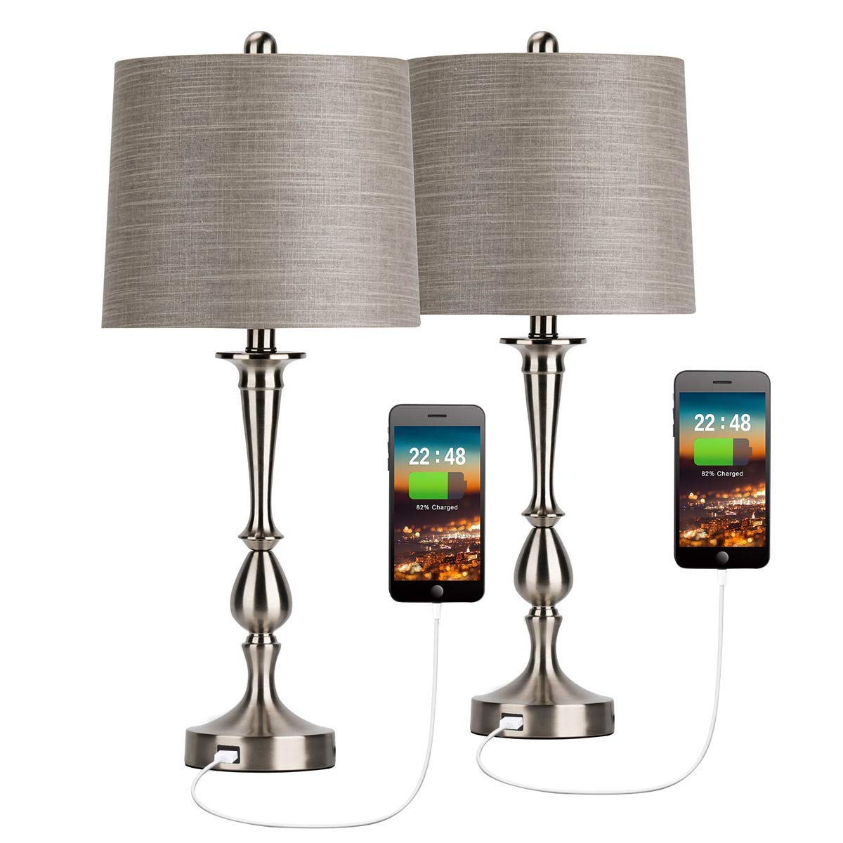 Oneach USB Table Lamp Set of 2 - Modern Silver Bedside & Desk Lamp with Charging Port, 25